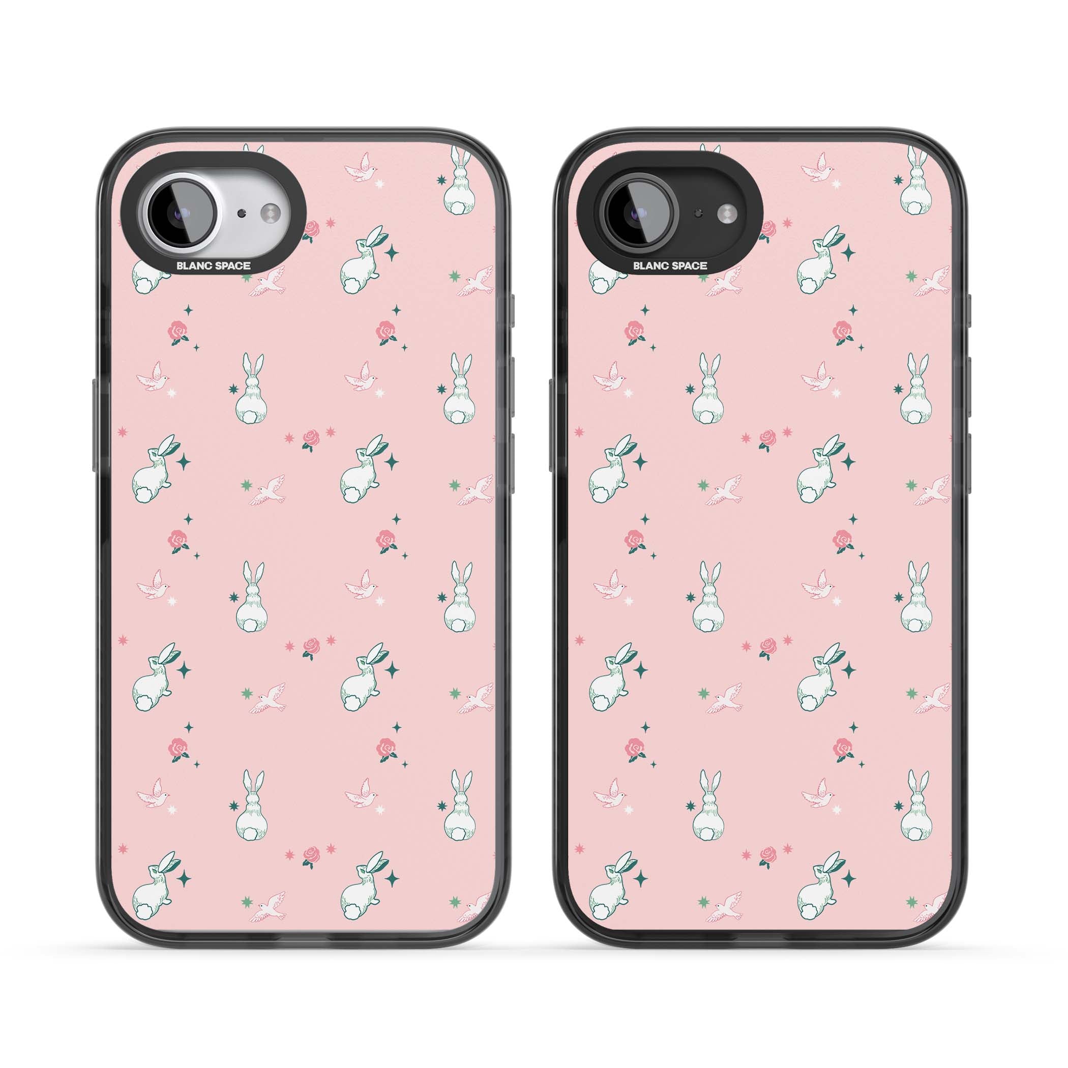Bunny Garden kawaii iPhone case featuring white rabbits, pink roses, doves and stars on pink background | Black Impact Magsafe case for iPhone 16e, iPhone 17e