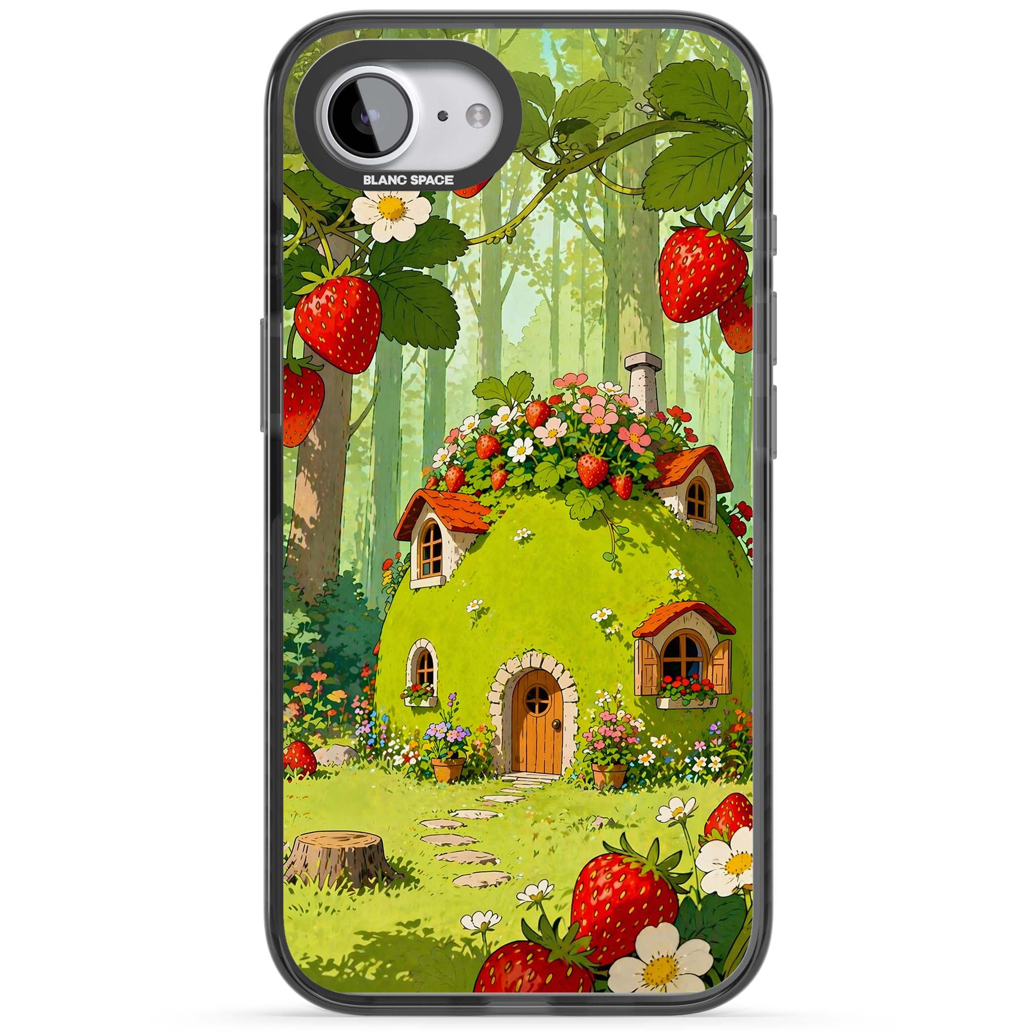 Strawberry Cottage cottagecore iPhone case featuring a green fairy house, wild strawberries and enchanted forest flowers | Black Impact Magsafe case for iPhone 16e, iPhone 17e