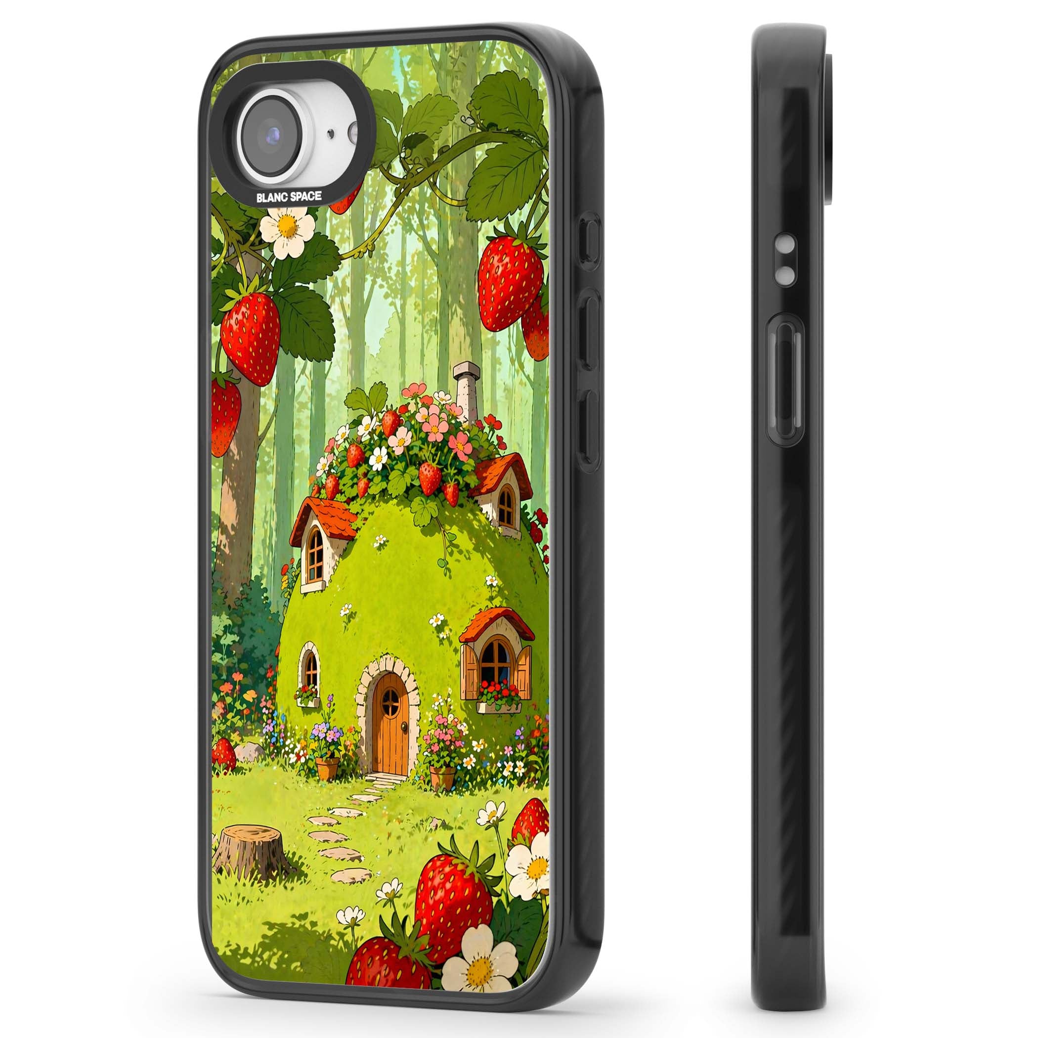 Strawberry Cottage cottagecore iPhone case featuring a green fairy house, wild strawberries and enchanted forest flowers | Black Impact Magsafe case for iPhone 16e, iPhone 17e