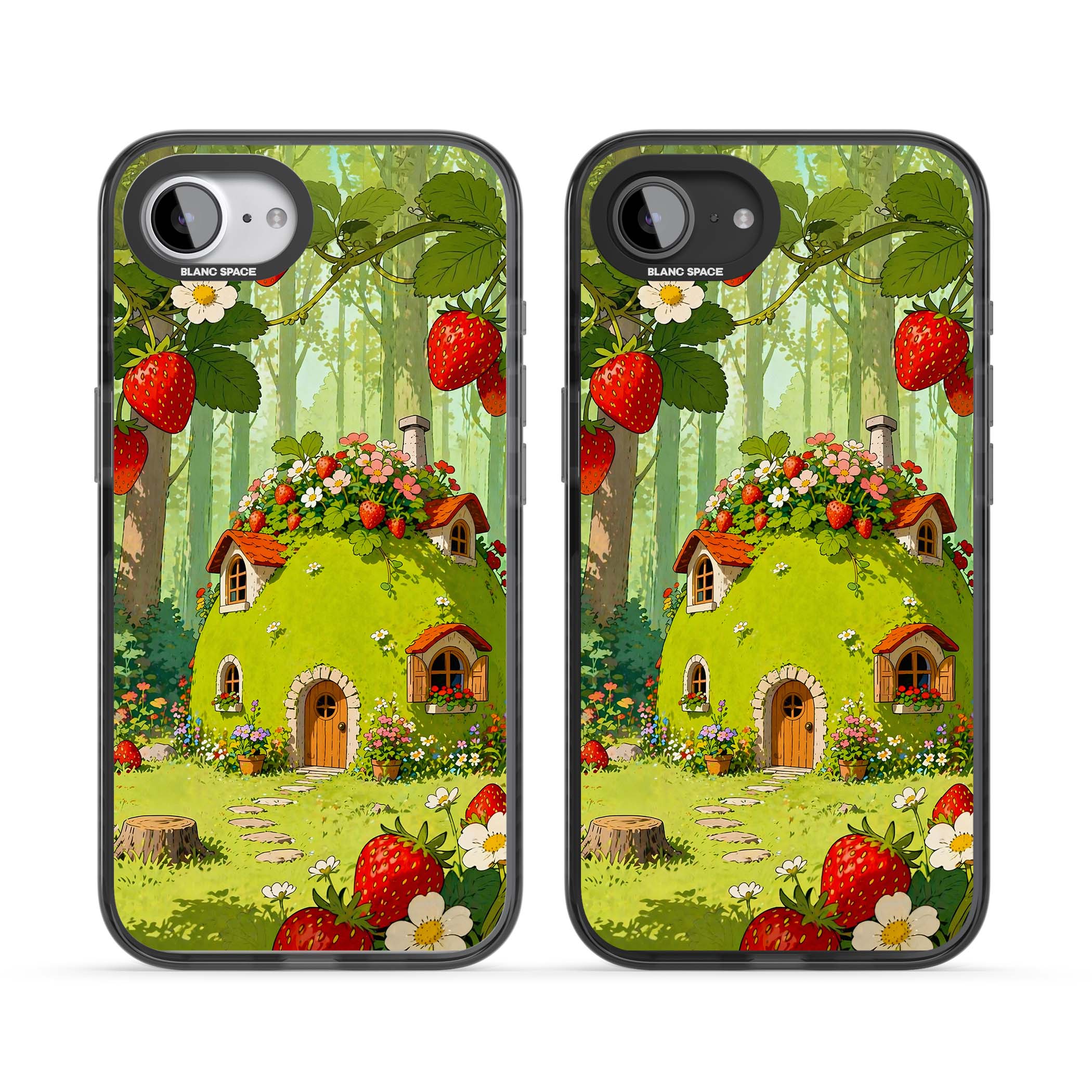 Strawberry Cottage cottagecore iPhone case featuring a green fairy house, wild strawberries and enchanted forest flowers | Black Impact Magsafe case for iPhone 16e, iPhone 17e