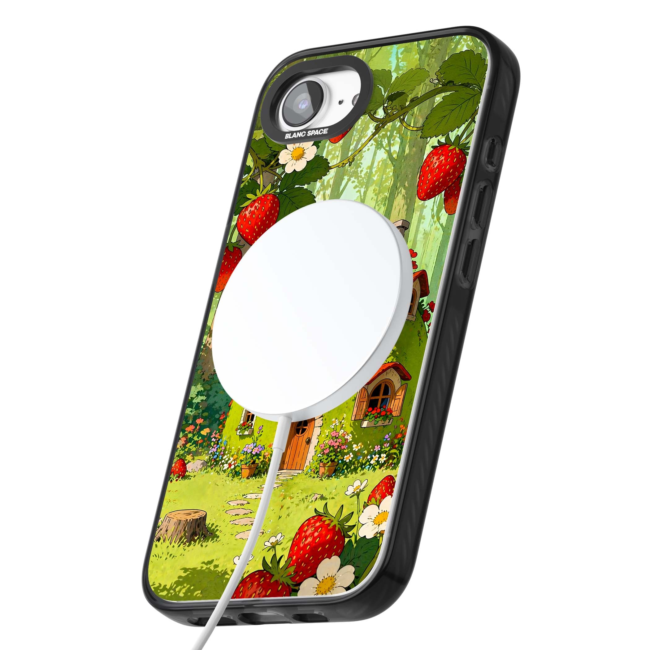 Strawberry Cottage cottagecore iPhone case featuring a green fairy house, wild strawberries and enchanted forest flowers | Black Impact Magsafe case for iPhone 16e, iPhone 17e