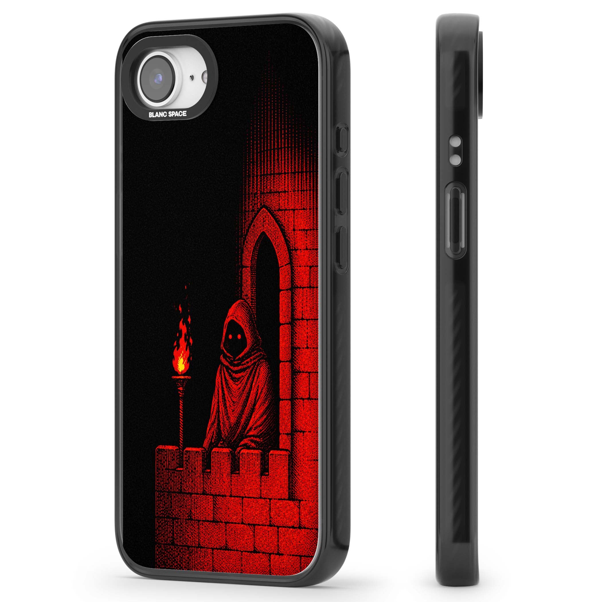 Crimson Crypt gothic iPhone case featuring a hooded reaper, torchlit crypt archway and red halftone horror art | Black Impact Magsafe case for iPhone 16e, iPhone 17e