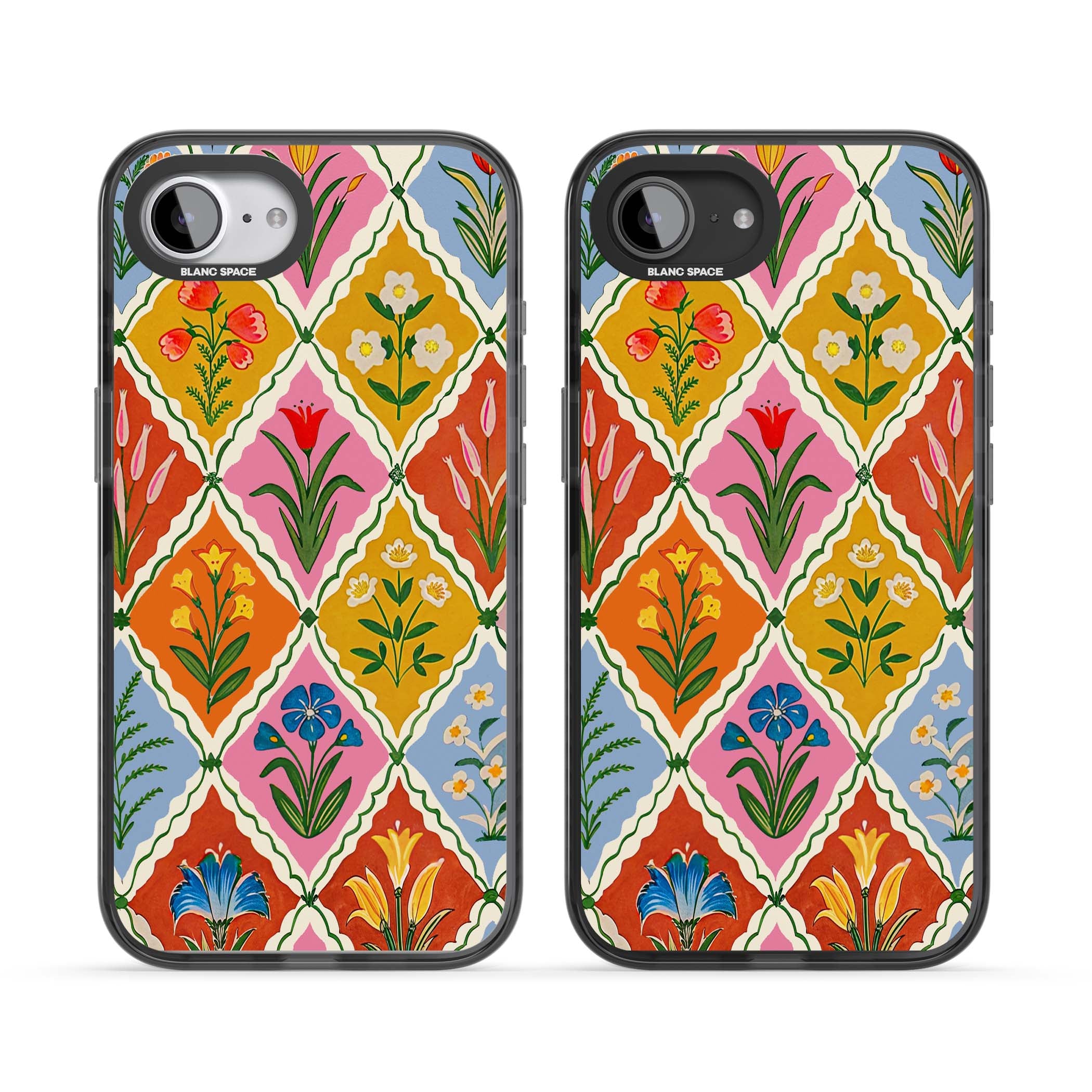 Floral Quilt boho floral iPhone case featuring diamond lattice pattern, hand-painted tulips and folk art wildflowers | Black Impact Magsafe case for iPhone 16e, iPhone 17e