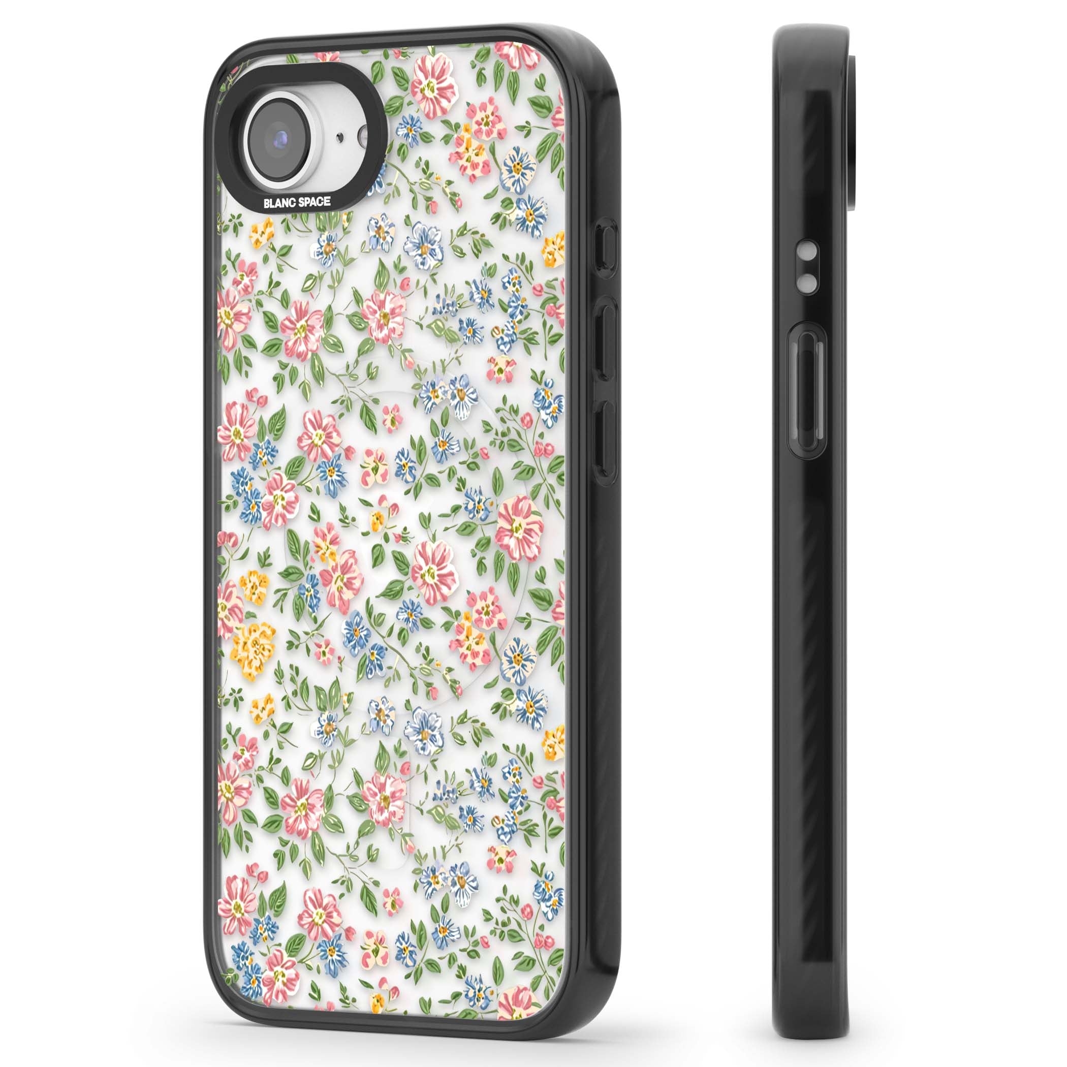 Soft Meadow cottagecore iPhone case featuring pink cosmos, blue forget-me-nots, yellow buttercups and green leaves sca | Black Impact Magsafe case for iPhone 16e, iPhone 17e