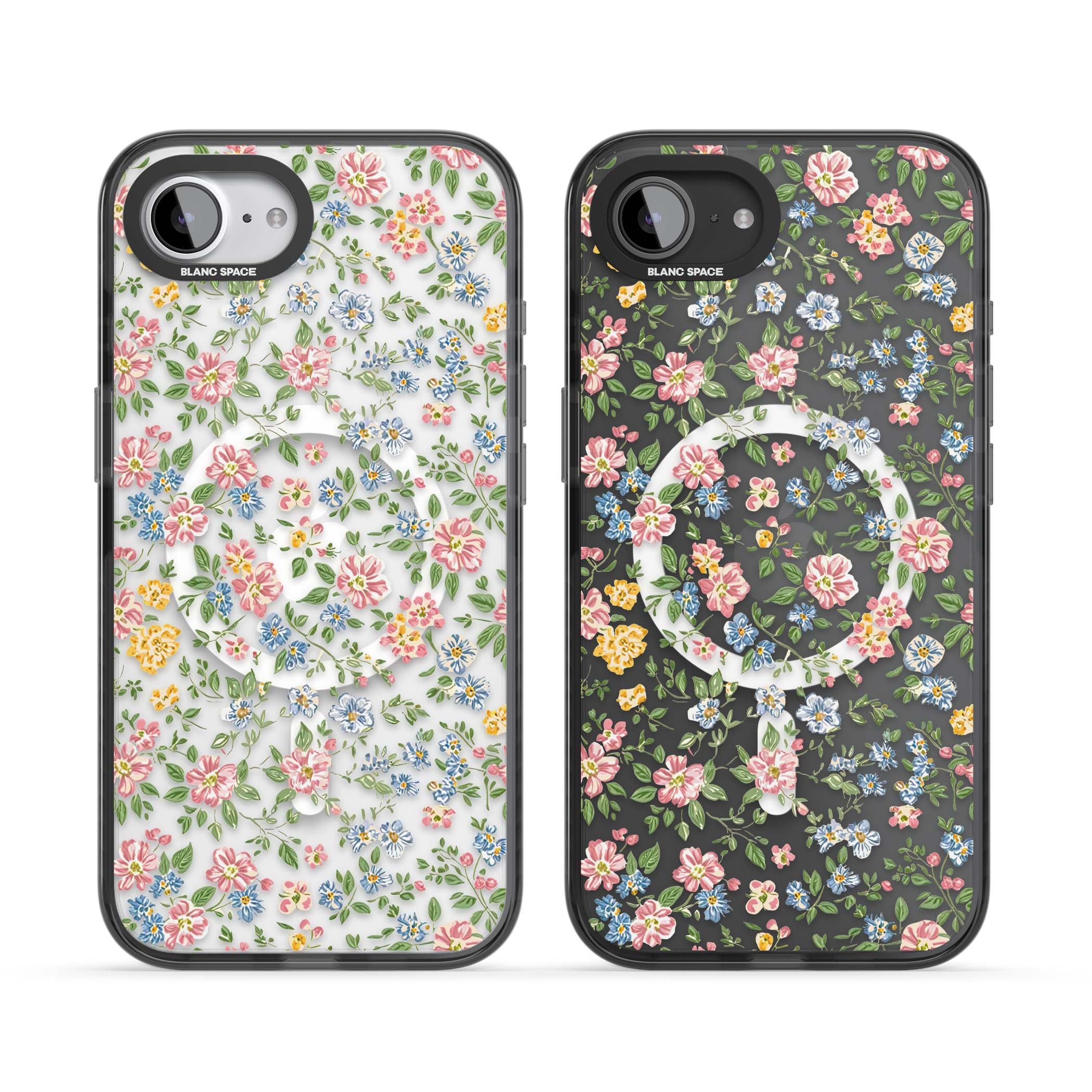 Soft Meadow cottagecore iPhone case featuring pink cosmos, blue forget-me-nots, yellow buttercups and green leaves sca | Black Impact Magsafe case for iPhone 16e, iPhone 17e