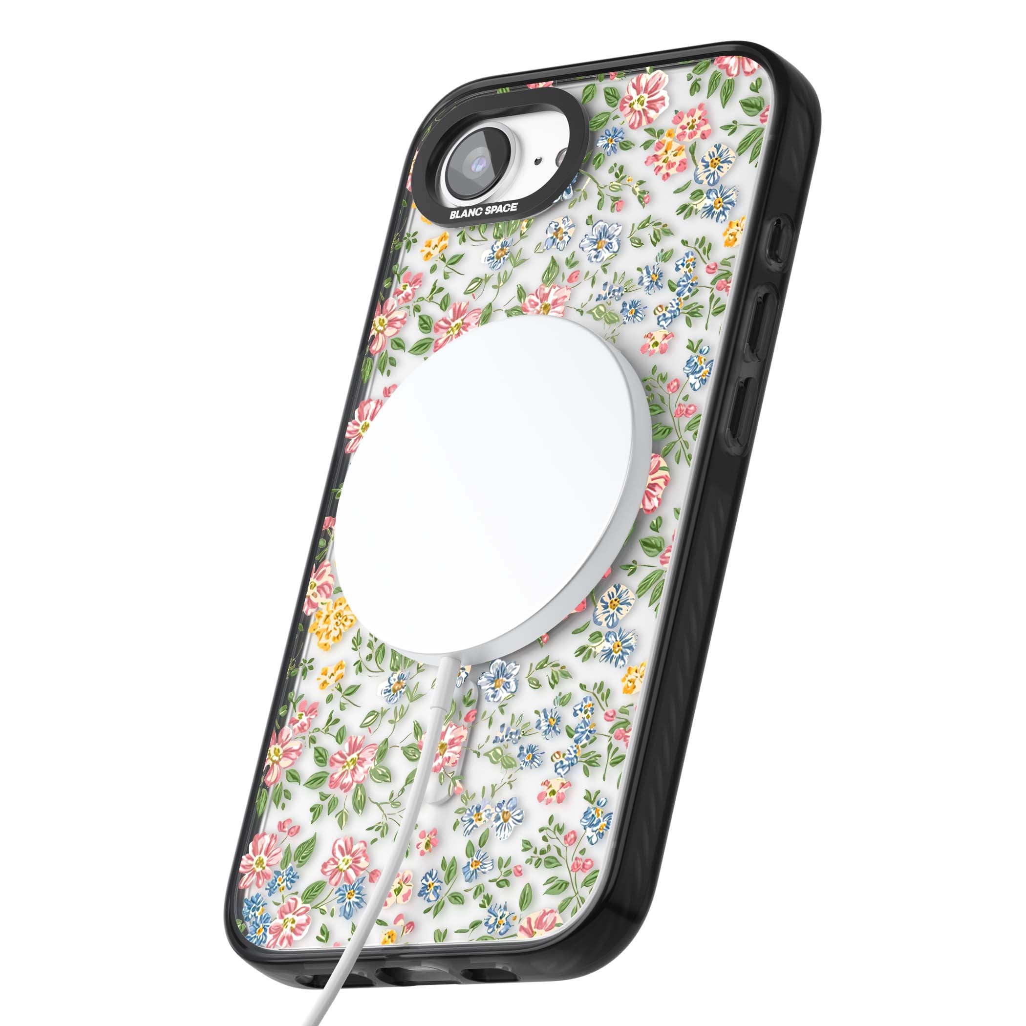 Soft Meadow cottagecore iPhone case featuring pink cosmos, blue forget-me-nots, yellow buttercups and green leaves sca | Black Impact Magsafe case for iPhone 16e, iPhone 17e