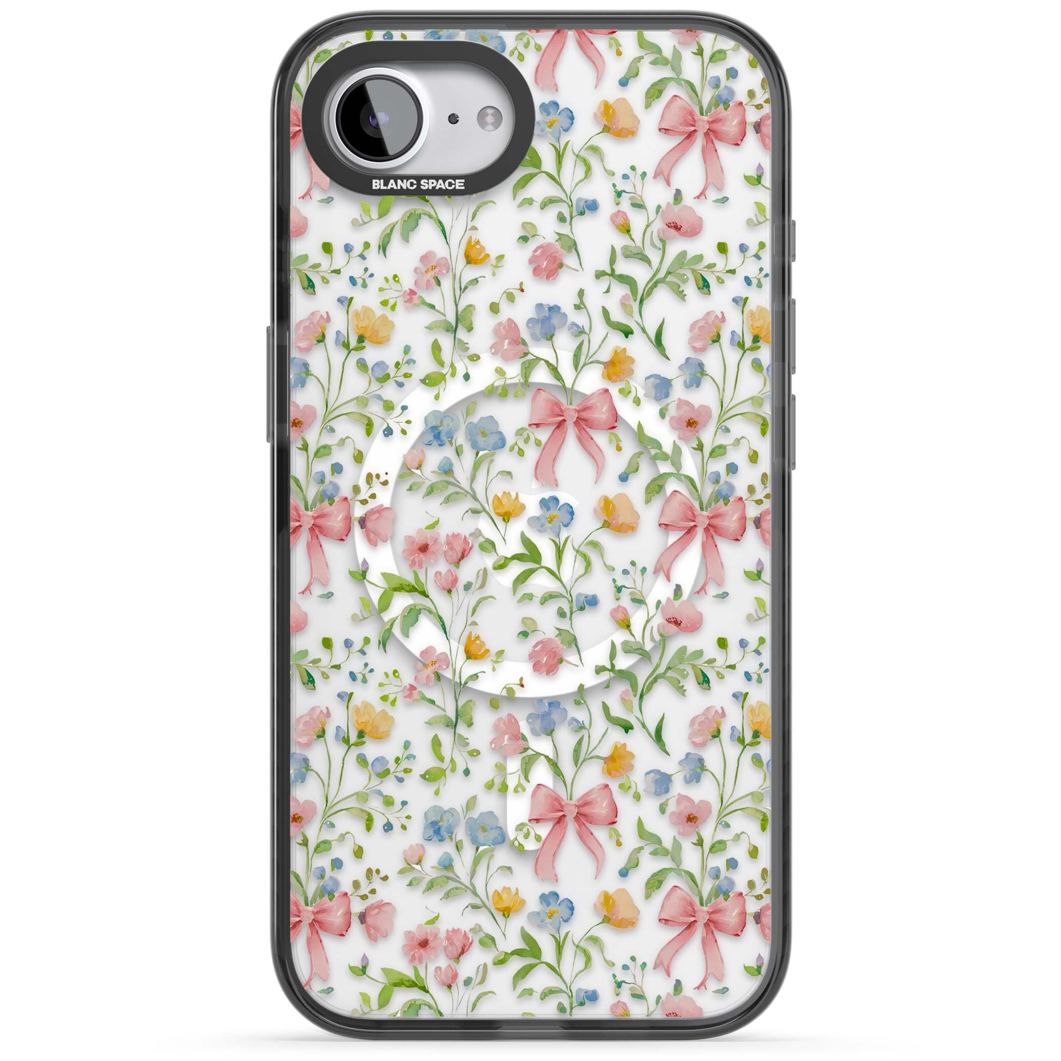 Ribbons & Wildflowers cottagecore iPhone case featuring watercolor wildflowers, pink satin bows, and delicate spring blooms o | Black Impact Magsafe case for iPhone 16e, iPhone 17e
