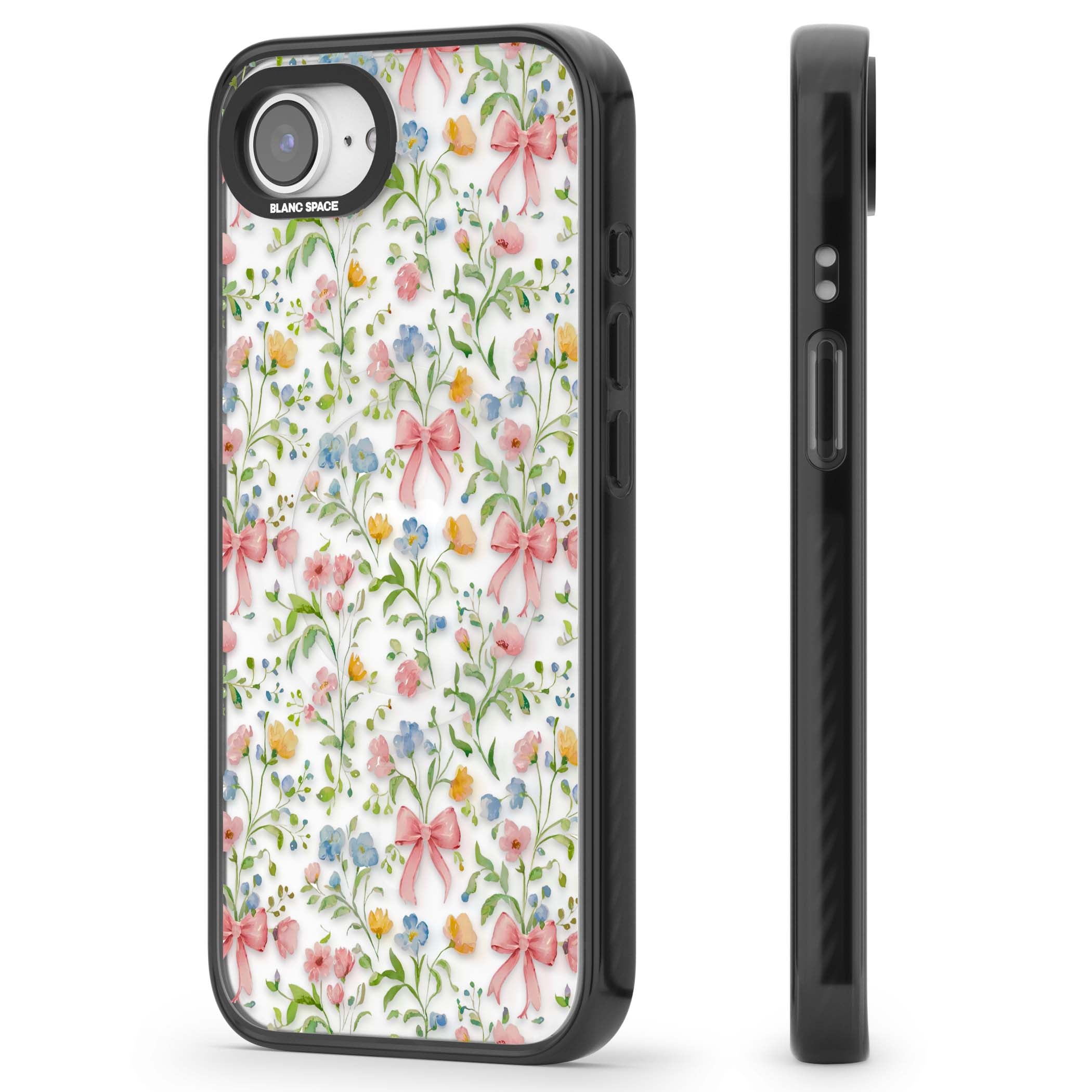 Ribbons & Wildflowers cottagecore iPhone case featuring watercolor wildflowers, pink satin bows, and delicate spring blooms o | Black Impact Magsafe case for iPhone 16e, iPhone 17e