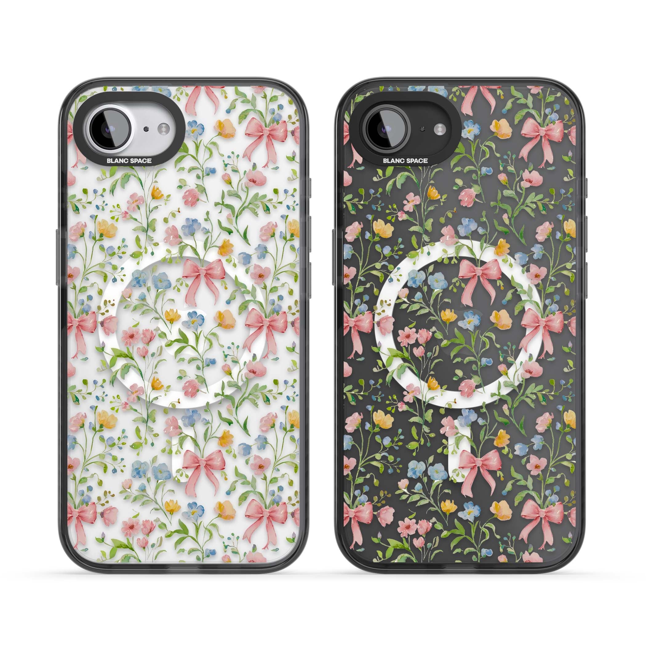 Ribbons & Wildflowers cottagecore iPhone case featuring watercolor wildflowers, pink satin bows, and delicate spring blooms o | Black Impact Magsafe case for iPhone 16e, iPhone 17e