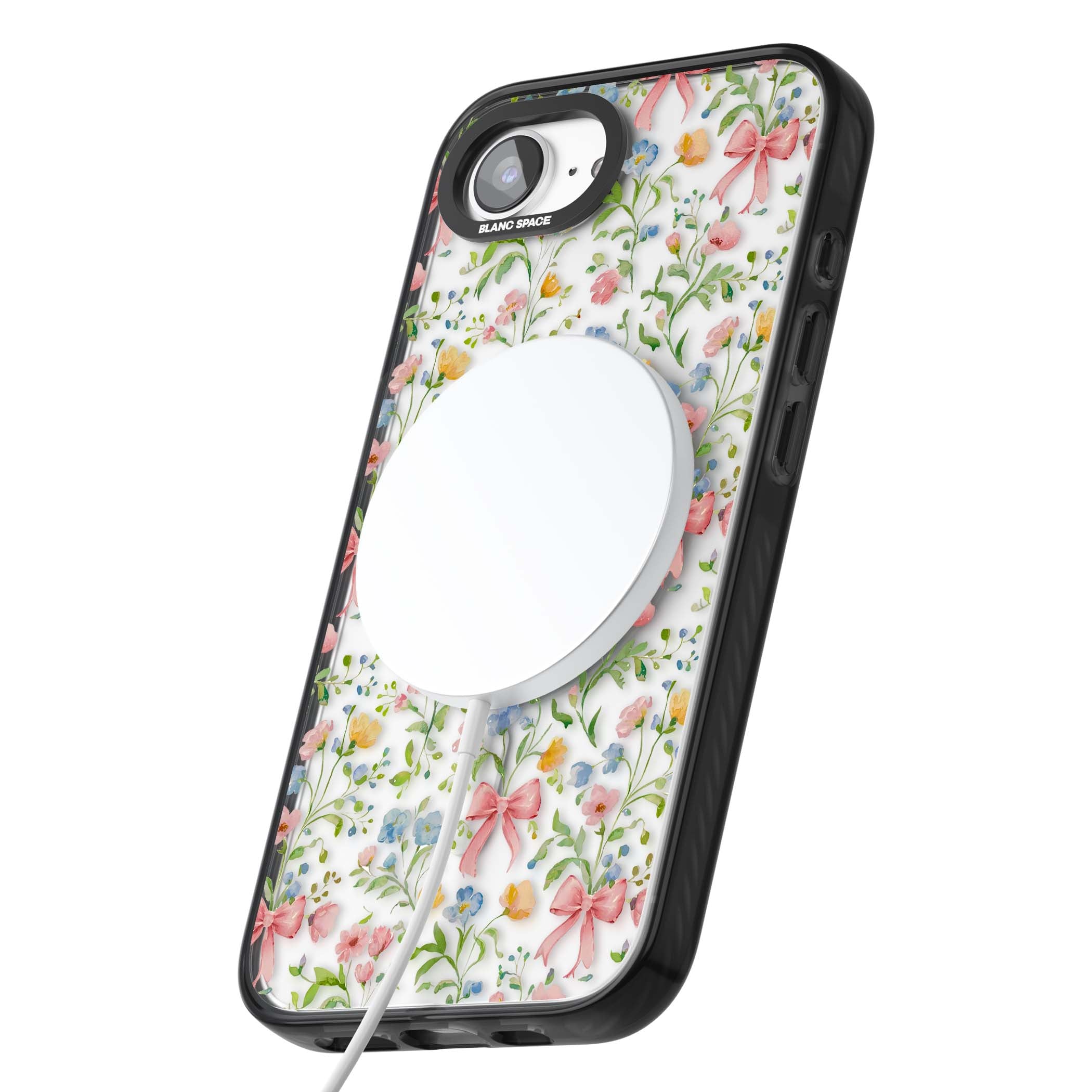Ribbons & Wildflowers cottagecore iPhone case featuring watercolor wildflowers, pink satin bows, and delicate spring blooms o | Black Impact Magsafe case for iPhone 16e, iPhone 17e