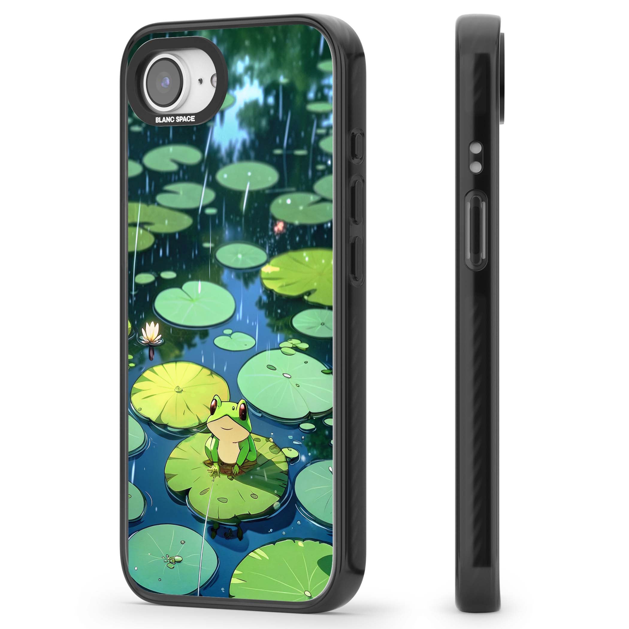 Frog In Lily Pond cottagecore iPhone case featuring a cute green frog on a lily pad with falling rain and a lotus flower | Black Impact Magsafe case for iPhone 16e, iPhone 17e