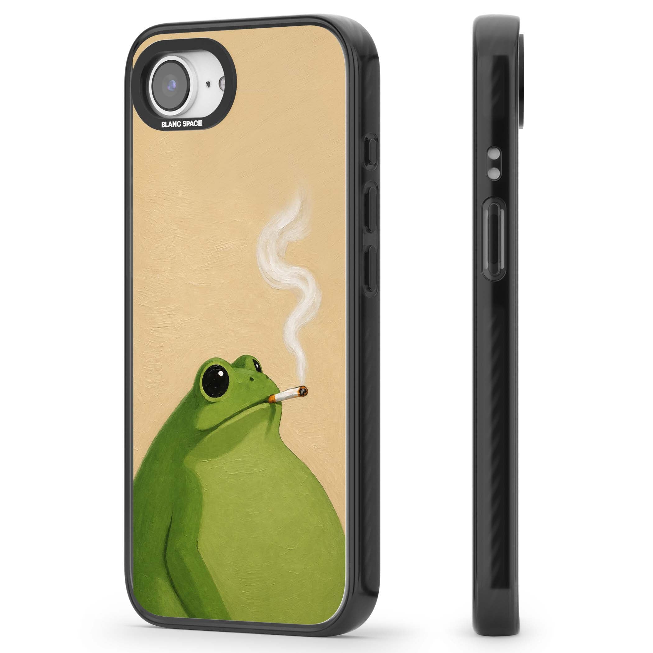 The Smoking Frog cottagecore iPhone case featuring a hand-painted green frog smoking a cigarette on a cream oil painting back | Black Impact Magsafe case for iPhone 16e, iPhone 17e