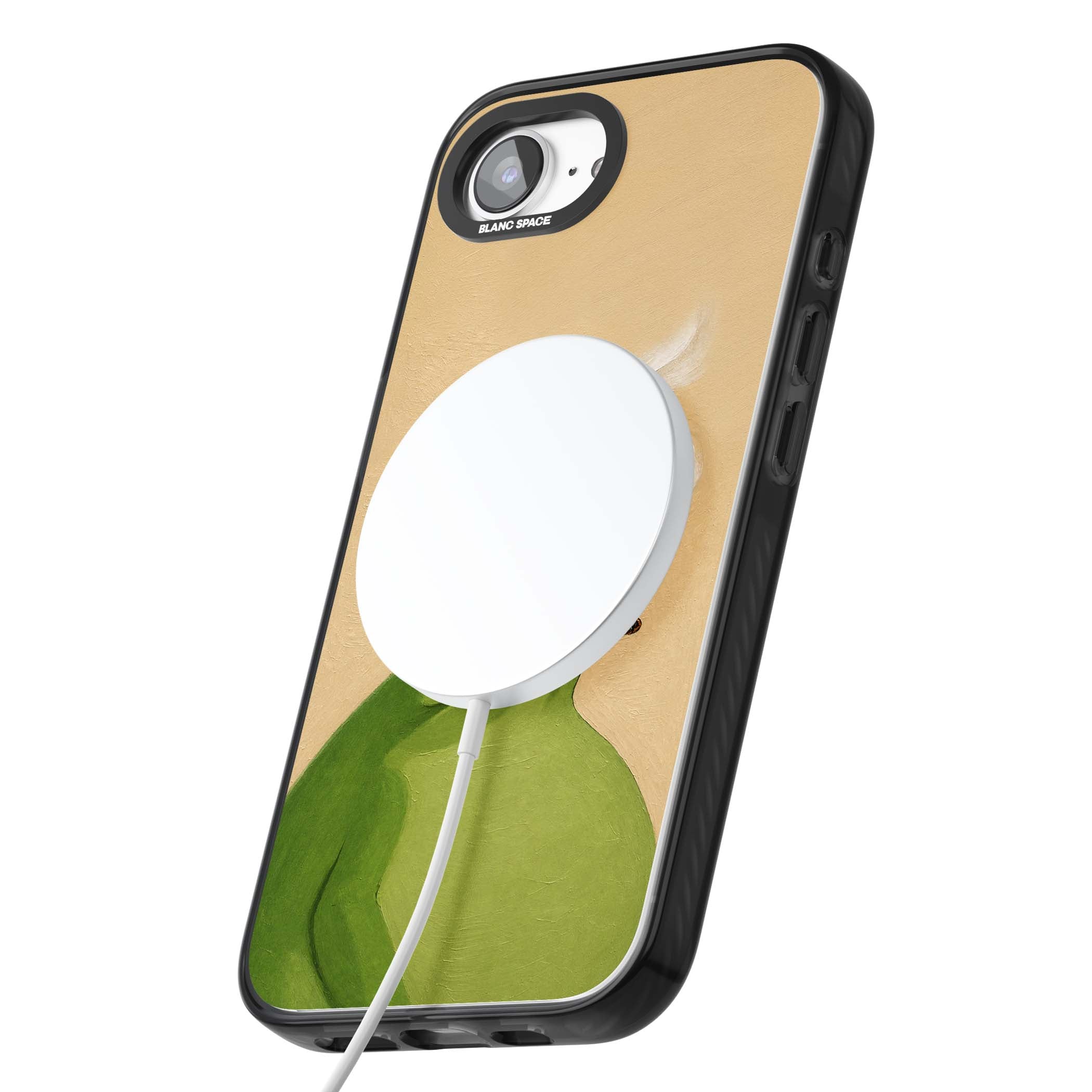 The Smoking Frog cottagecore iPhone case featuring a hand-painted green frog smoking a cigarette on a cream oil painting back | Black Impact Magsafe case for iPhone 16e, iPhone 17e