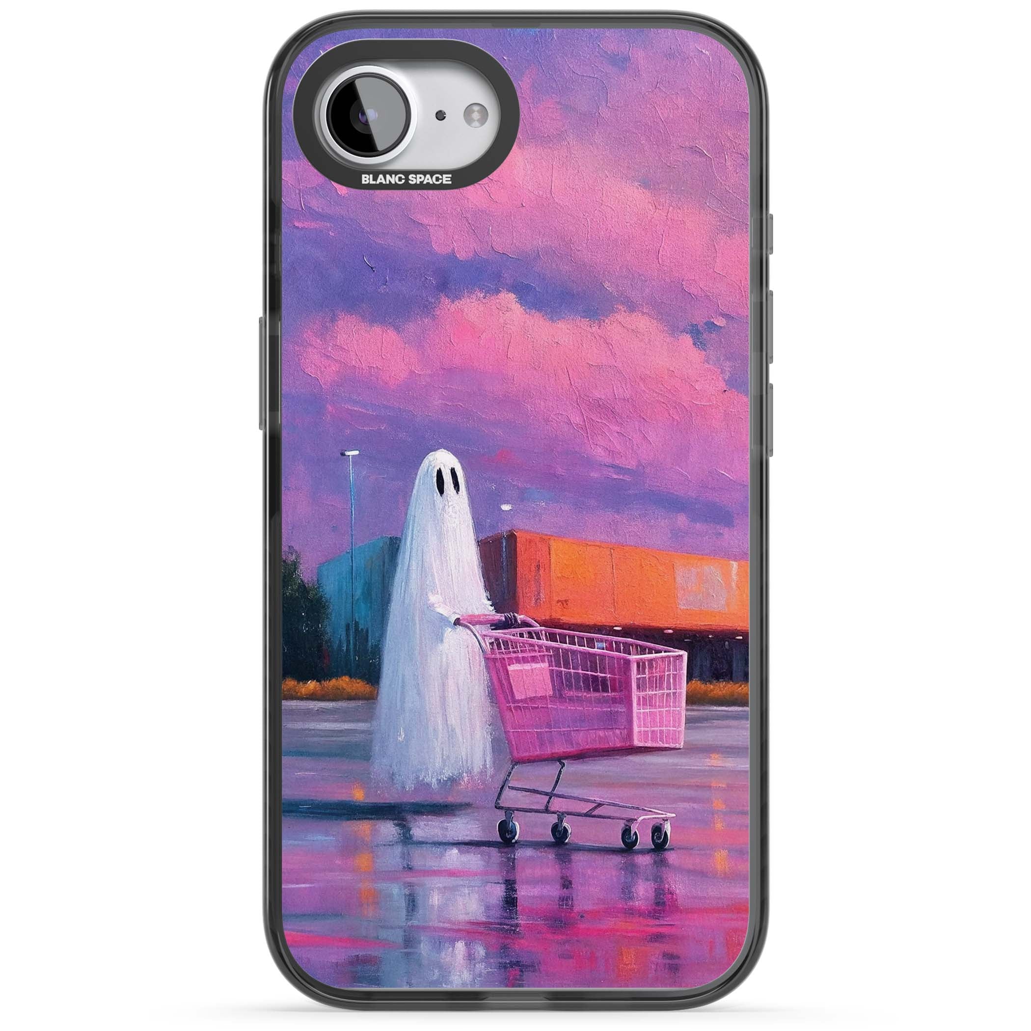 A Ghost's Errand ghost halloween iPhone case featuring a painted ghost, pink shopping trolley and purple sunset sky | Black Impact Magsafe case for iPhone 16e, iPhone 17e