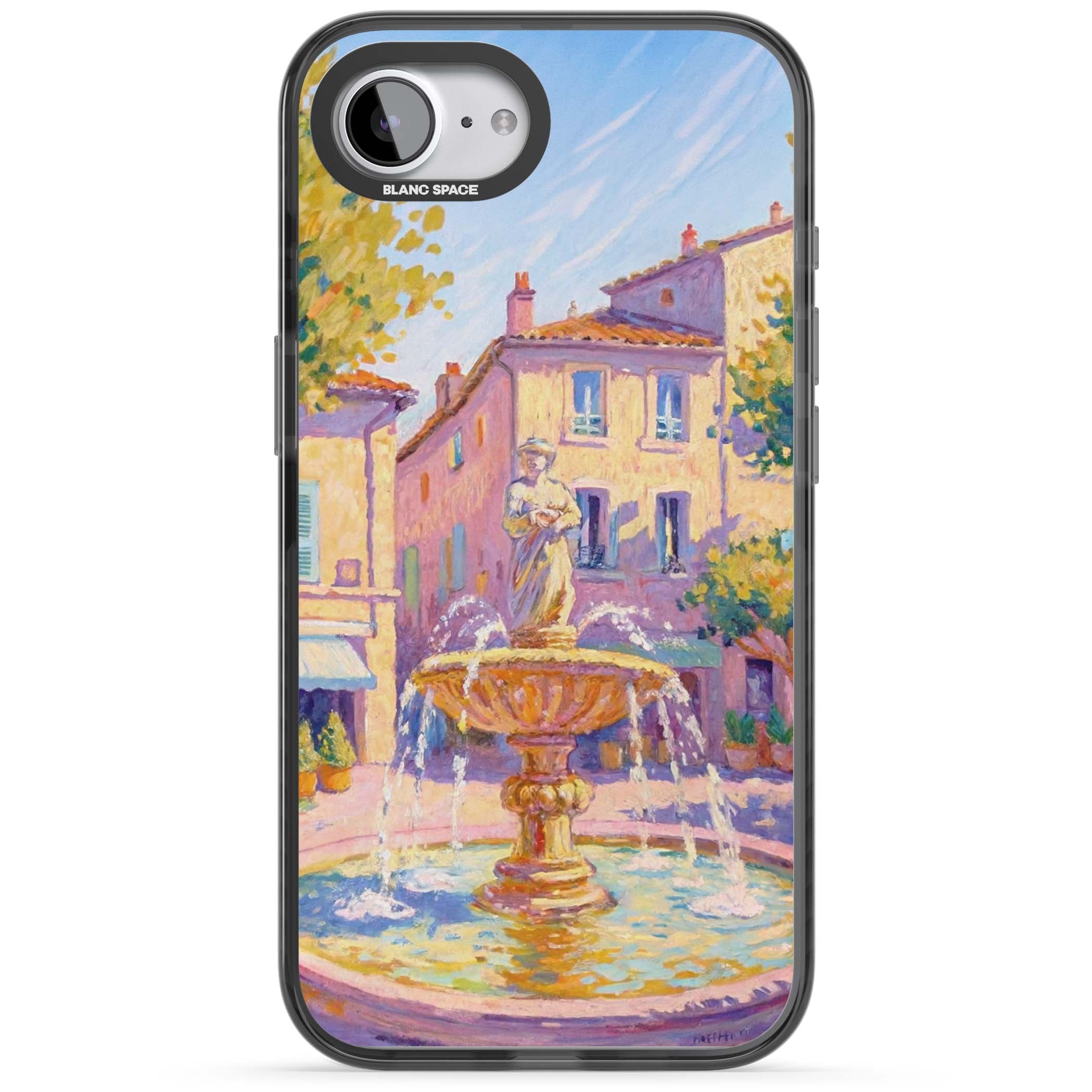 Fountain Square fine art iPhone case featuring an impressionist Provençal fountain, pastel village buildings and summe | Black Impact Magsafe case for iPhone 16e, iPhone 17e