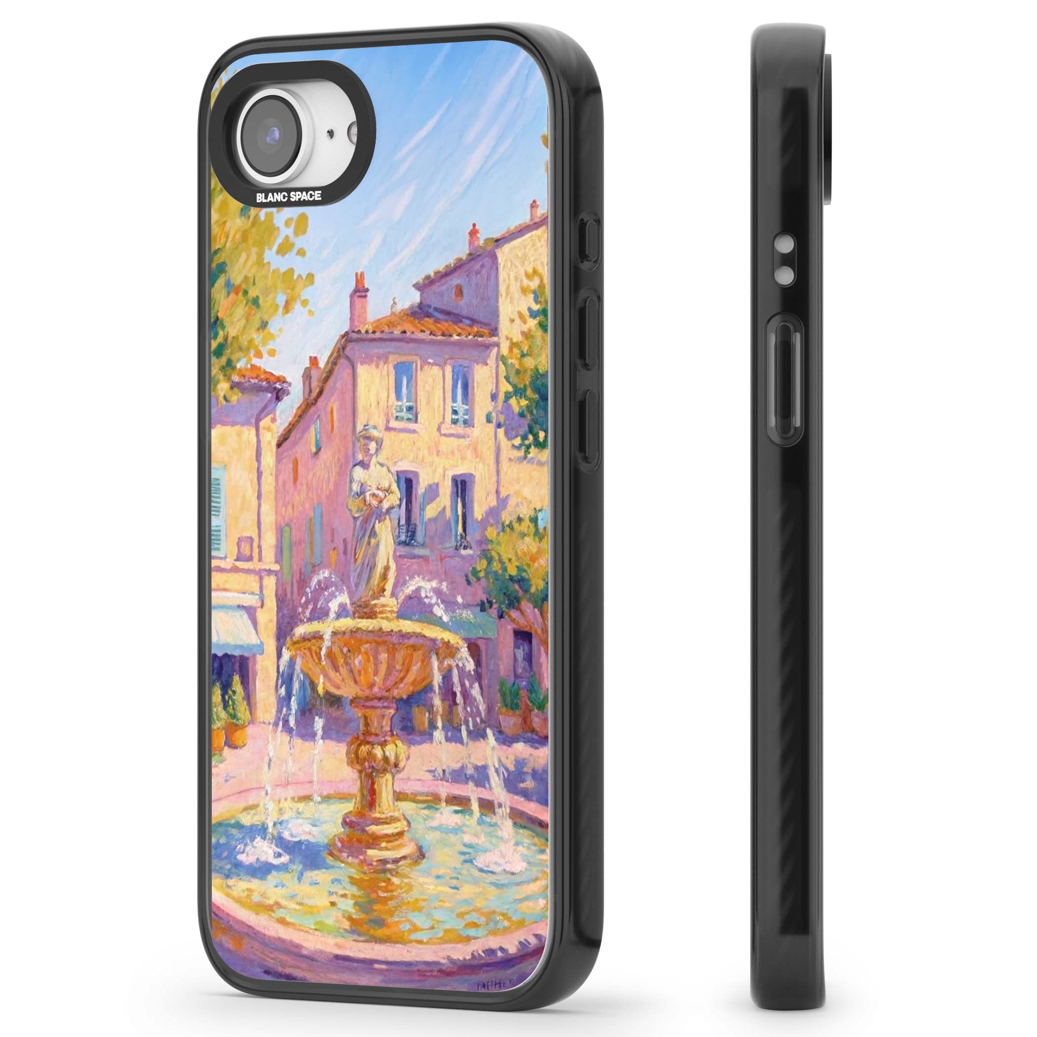 Fountain Square fine art iPhone case featuring an impressionist Provençal fountain, pastel village buildings and summe | Black Impact Magsafe case for iPhone 16e, iPhone 17e