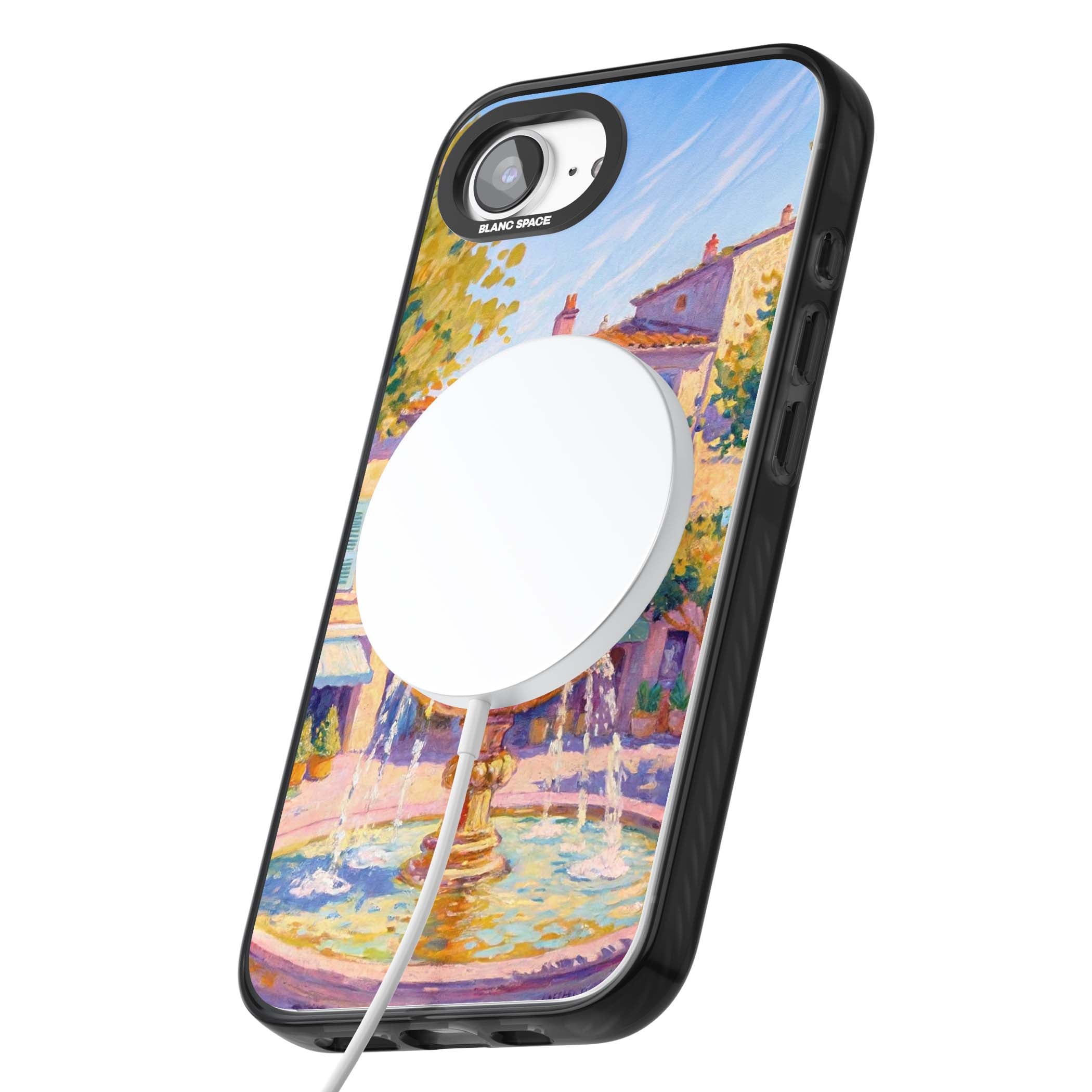 Fountain Square fine art iPhone case featuring an impressionist Provençal fountain, pastel village buildings and summe | Black Impact Magsafe case for iPhone 16e, iPhone 17e