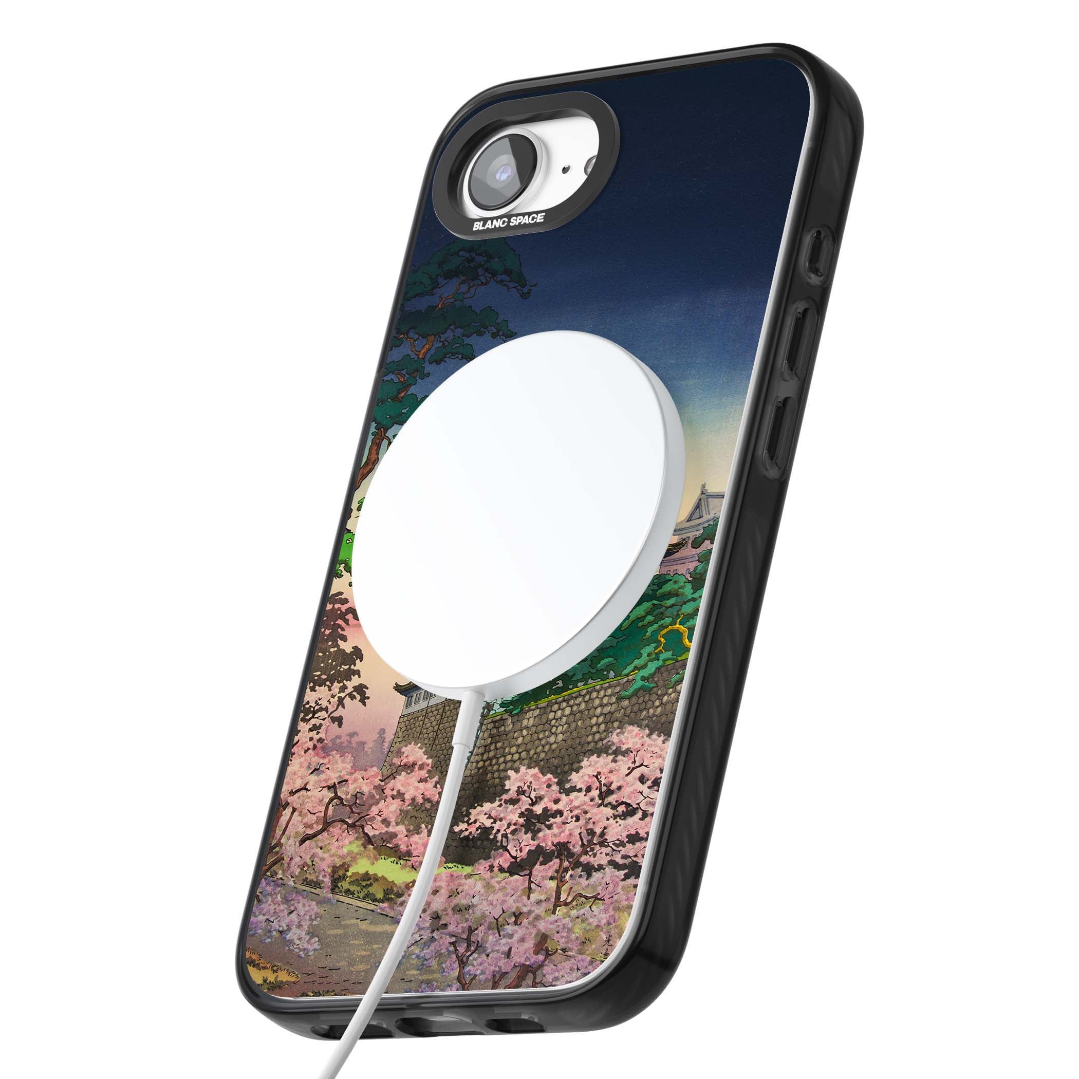 Nagoya Castle Japanese iPhone case featuring a vintage pagoda, twilight sky and cherry blossom trees | Black Impact Magsafe case for iPhone 16e, iPhone 17e