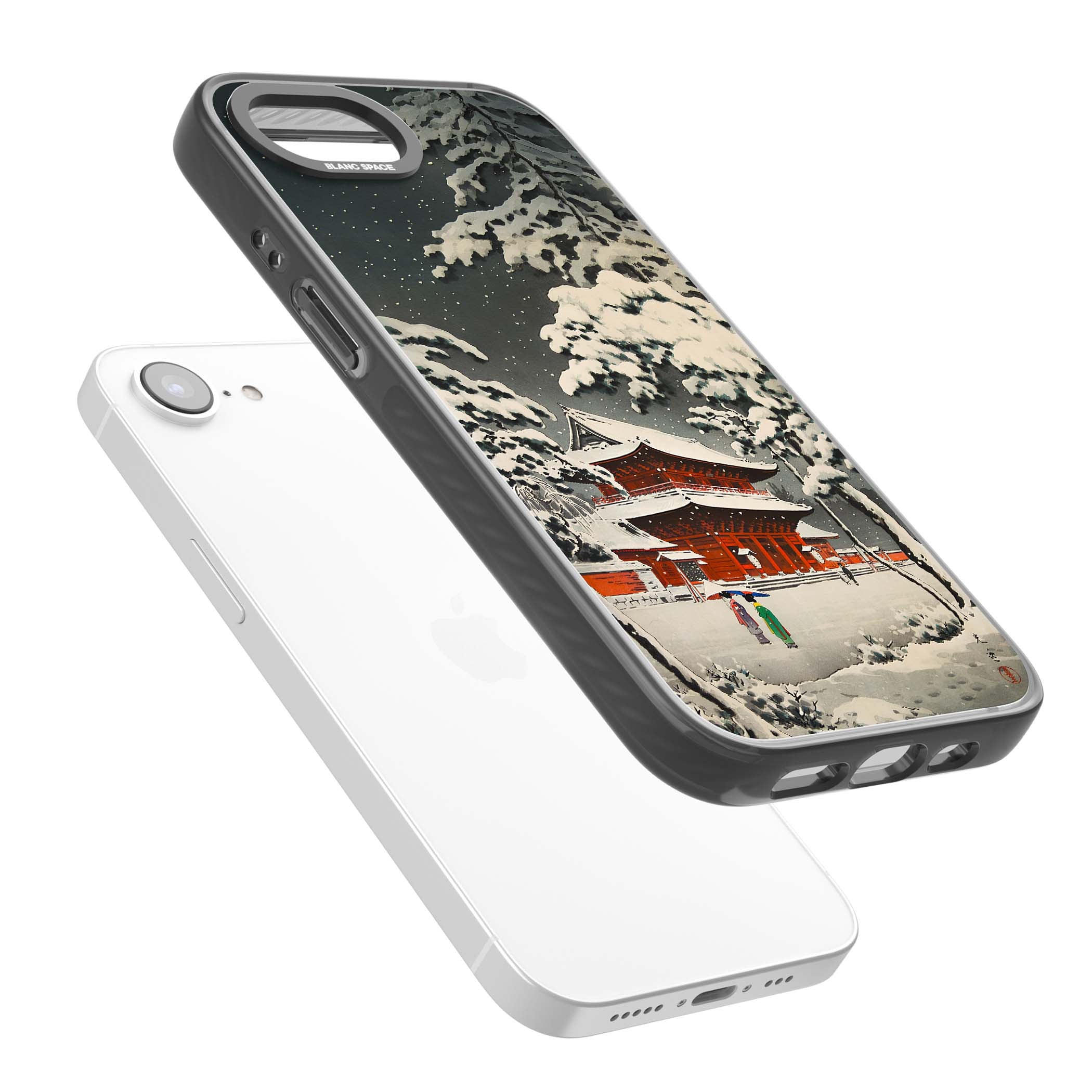 Snow at Shiha Park, Tokyo Japanese art iPhone case featuring a vintage ukiyo-e snowy temple, red pagoda, and snow-covered pin | Black Impact Magsafe case for iPhone 16e, iPhone 17e