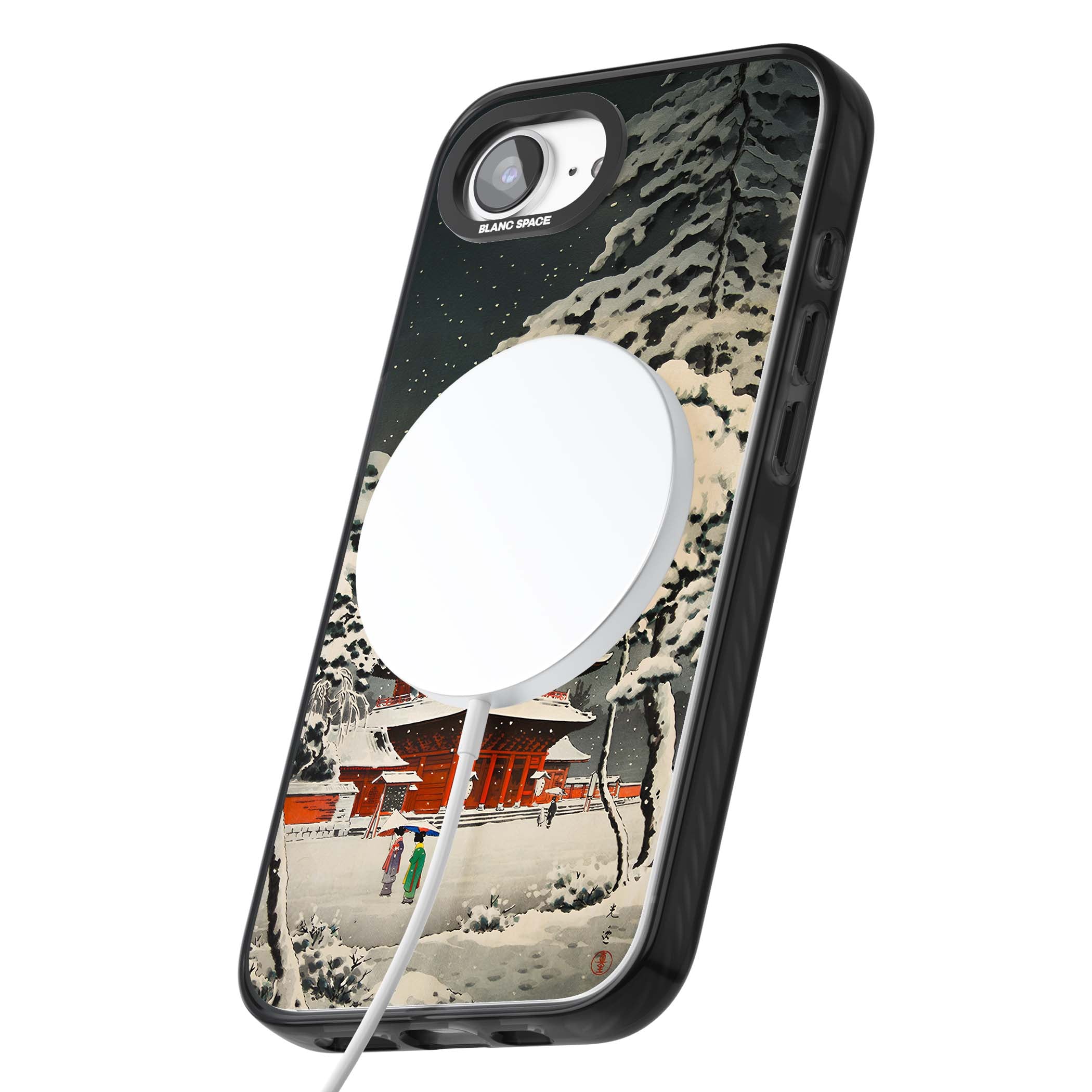 Snow at Shiha Park, Tokyo Japanese art iPhone case featuring a vintage ukiyo-e snowy temple, red pagoda, and snow-covered pin | Black Impact Magsafe case for iPhone 16e, iPhone 17e