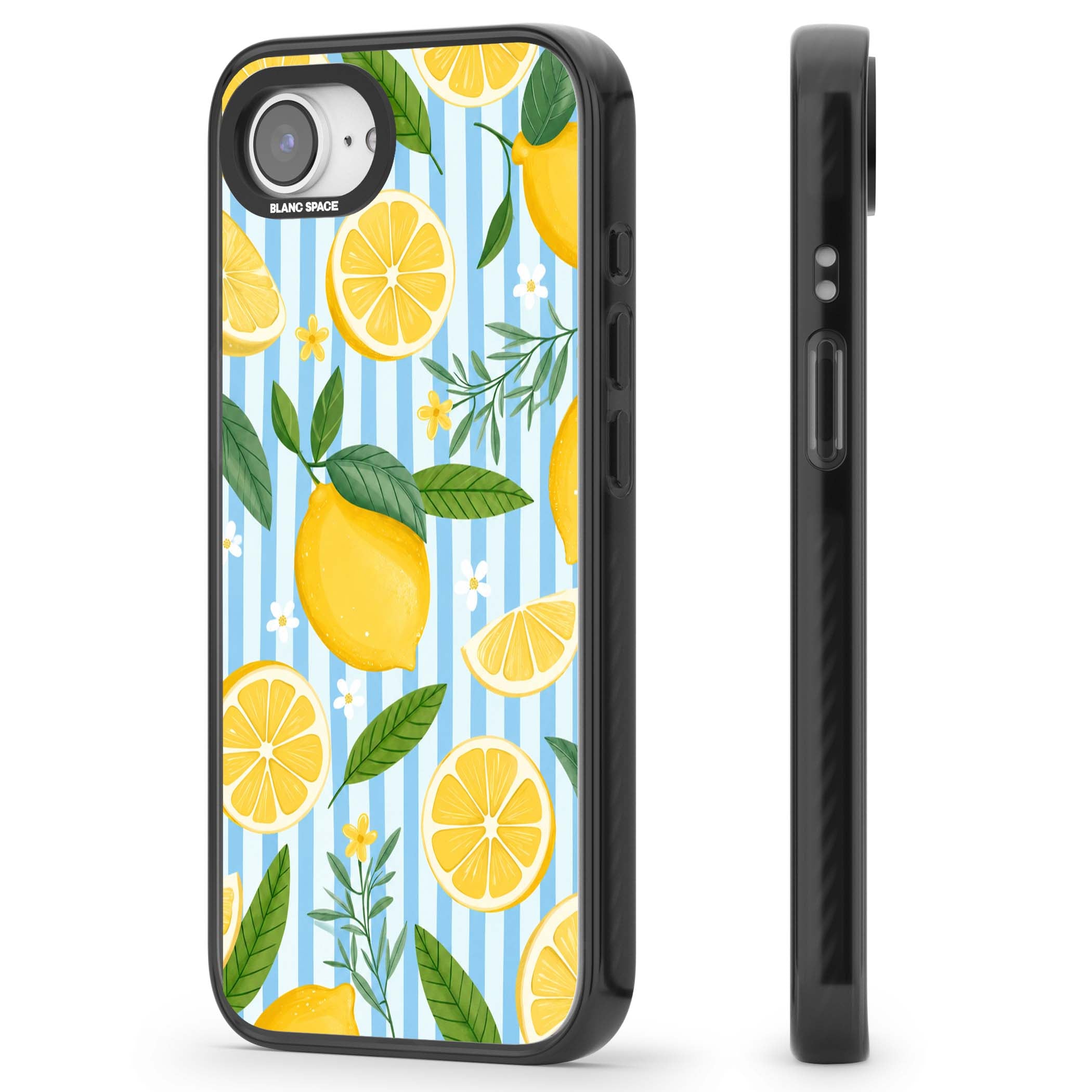Capri Citrus Stripe coastal iPhone case featuring yellow lemons, blue stripes, and white daisy blossoms | Black Impact Magsafe case for iPhone 16e, iPhone 17e