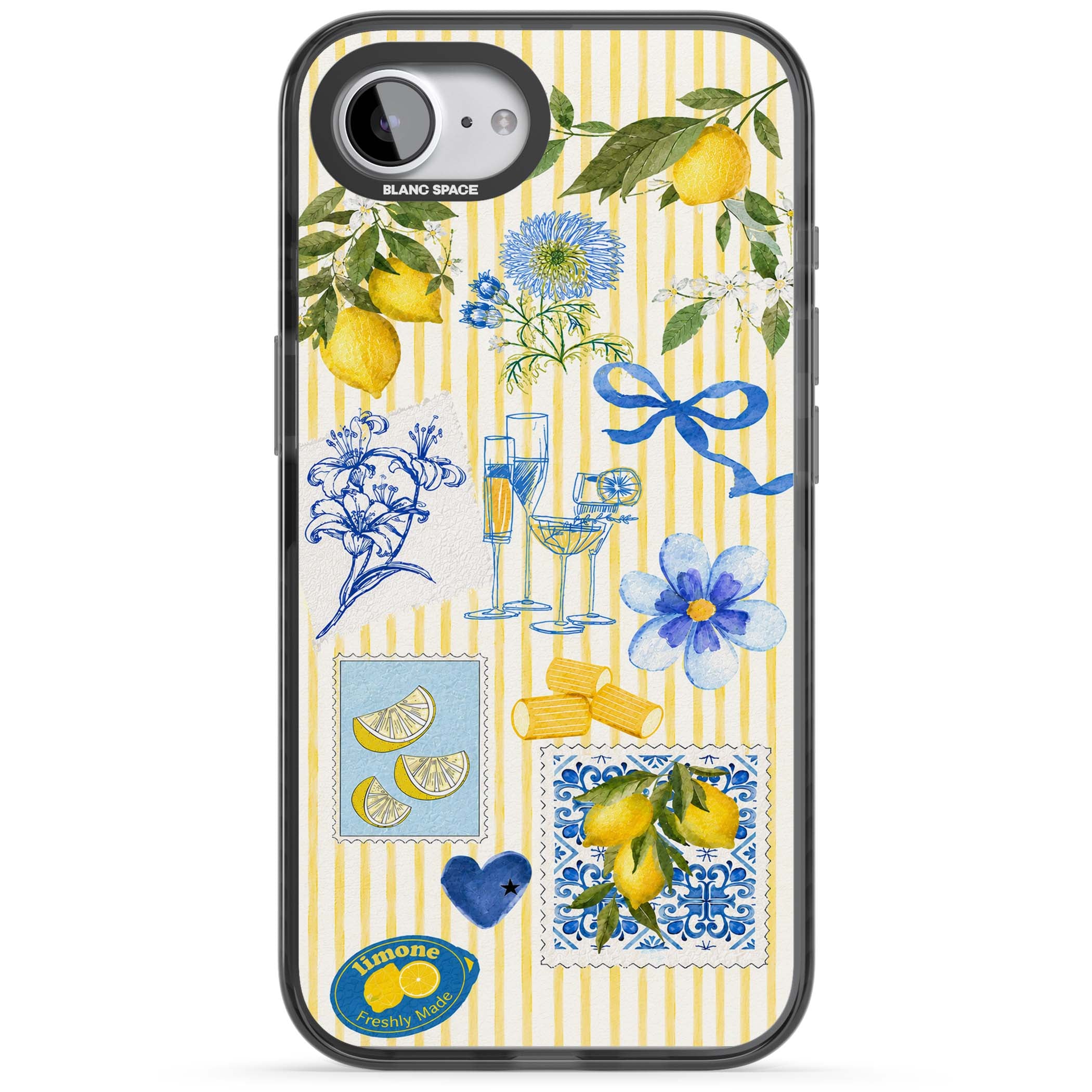 Limone Riviera Italian summer iPhone case featuring watercolour lemons, blue ribbon bows and majolica tile stamps on... | Black Impact Magsafe case for iPhone 16e, iPhone 17e
