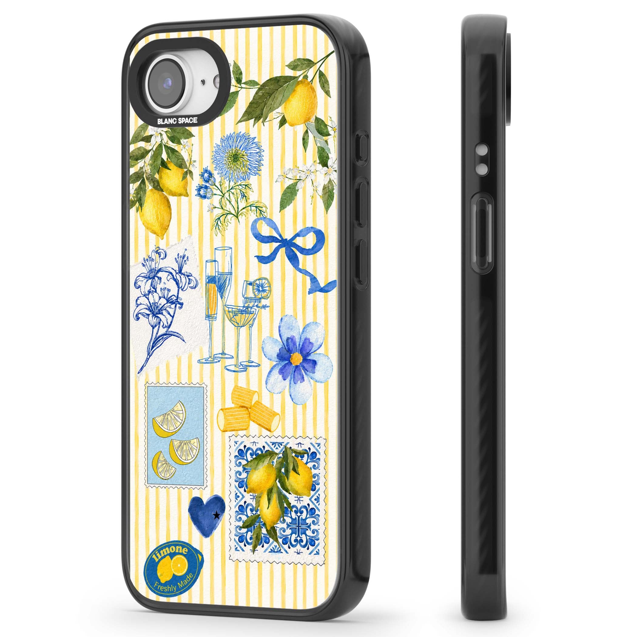 Limone Riviera Italian summer iPhone case featuring watercolour lemons, blue ribbon bows and majolica tile stamps on... | Black Impact Magsafe case for iPhone 16e, iPhone 17e