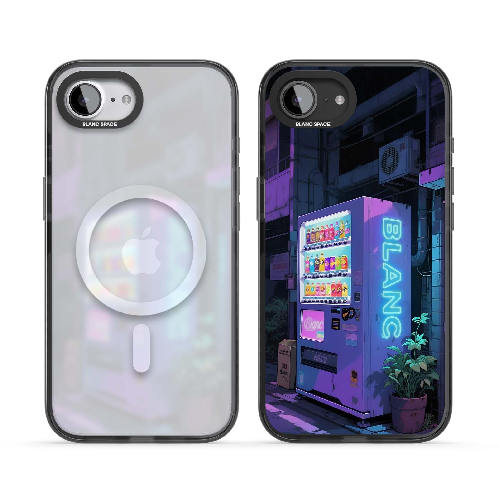 Shibuya Glow Japanese iPhone case featuring a glowing Tokyo vending machine, neon signage, and moody purple alleyway | Black Impact Magsafe case for iPhone 16e, iPhone 17e