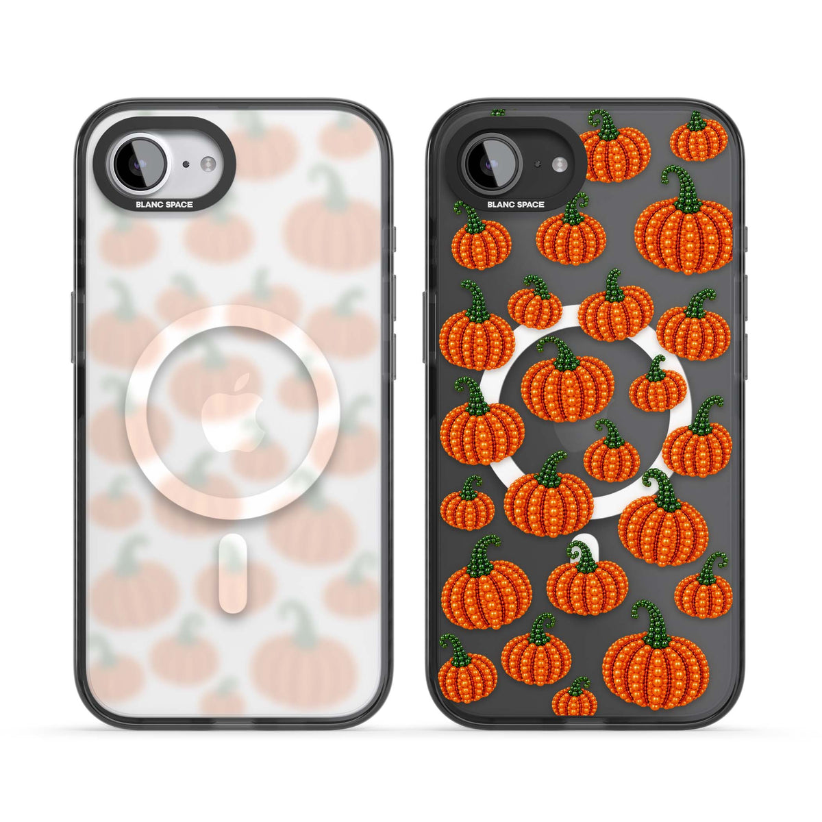 Beaded Pumpkins halloween iPhone case featuring beaded orange pumpkins with green stems on a clear background | Black Impact Magsafe case for iPhone 16e, iPhone 17e