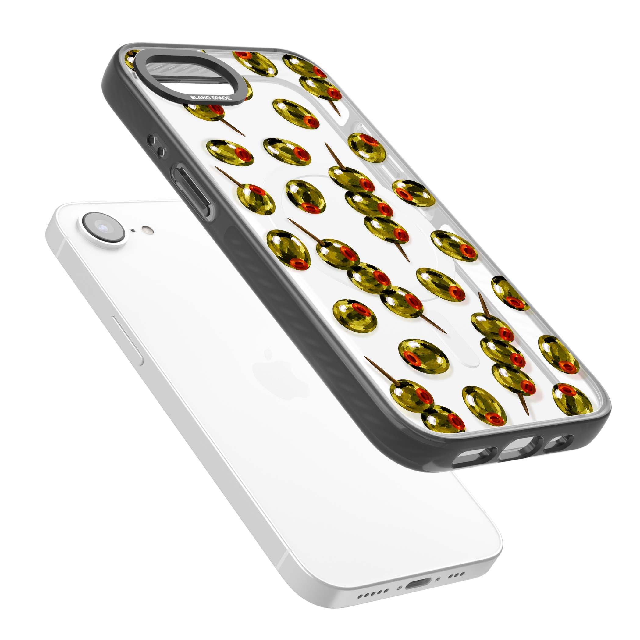 Painted Olives cocktail iPhone case featuring green olives, pimento centres and toothpick skewers on a clear background | Black Impact Magsafe case for iPhone 16e, iPhone 17e
