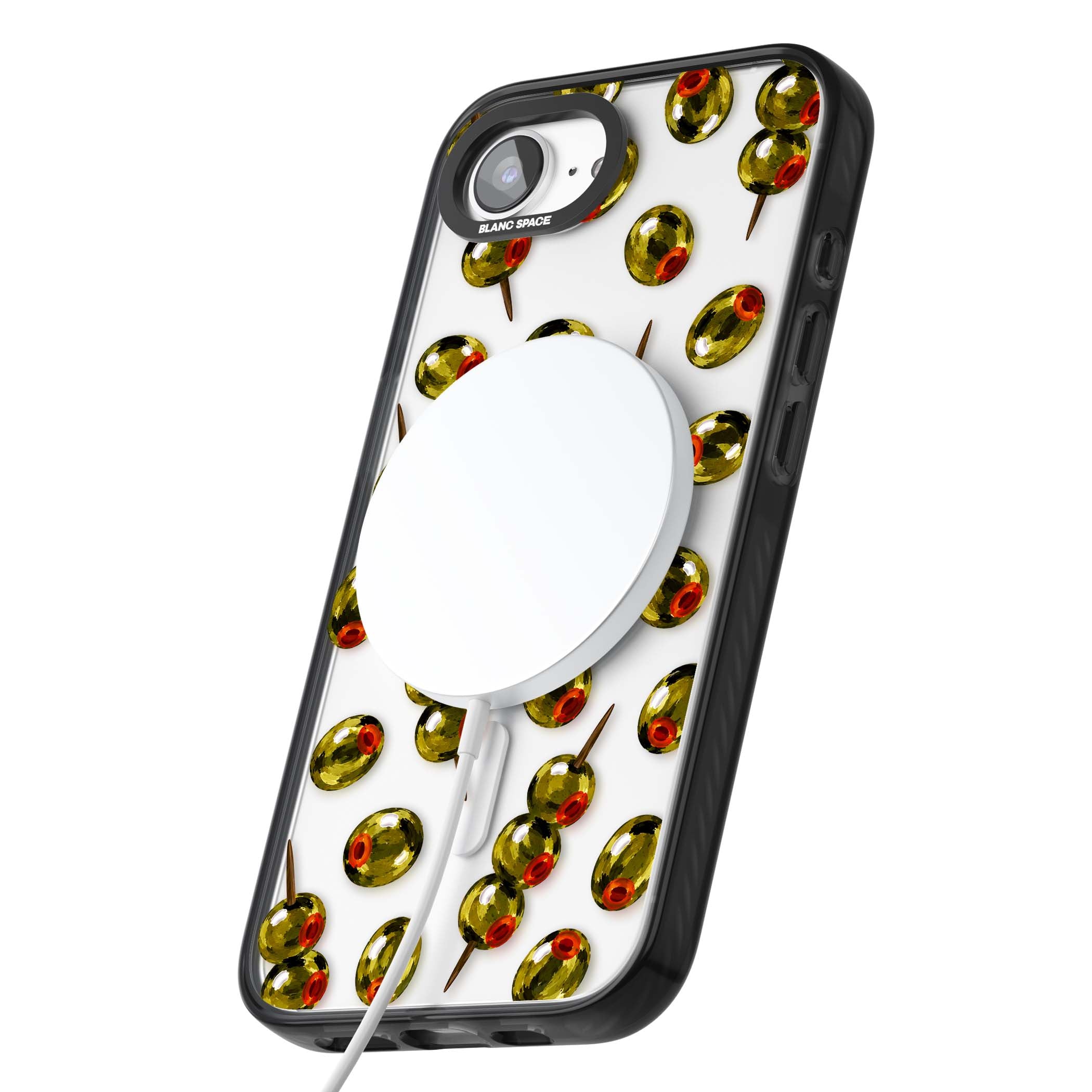 Painted Olives cocktail iPhone case featuring green olives, pimento centres and toothpick skewers on a clear background | Black Impact Magsafe case for iPhone 16e, iPhone 17e