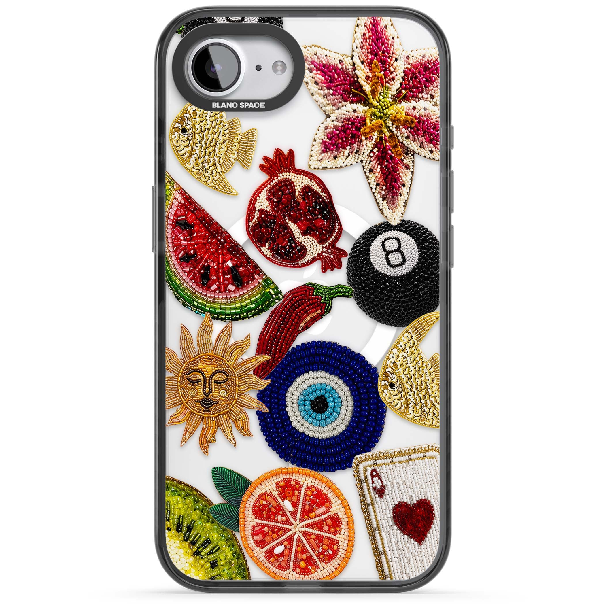 Beaded Charms embroidery iPhone case featuring beaded evil eye, fruit patches and a golden sun motif | Black Impact Magsafe case for iPhone 16e, iPhone 17e
