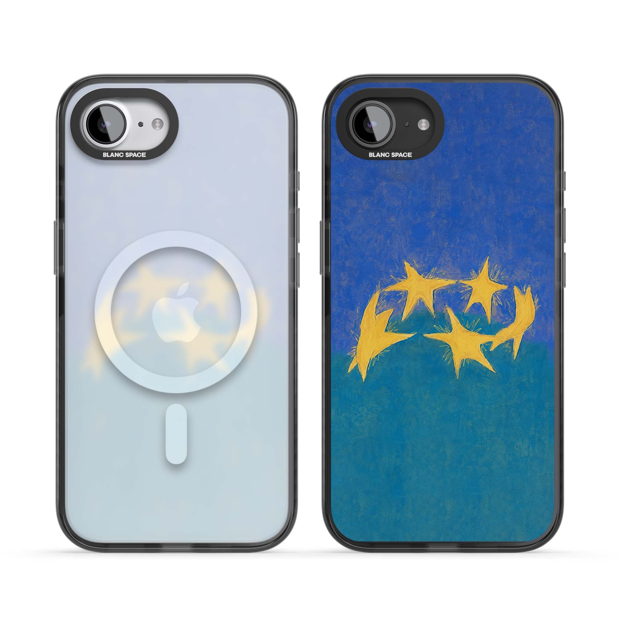 Star Boogie stars aesthetic iPhone case featuring five yellow hand-painted stars on cobalt blue and teal | Black Impact Magsafe case for iPhone 16e, iPhone 17e