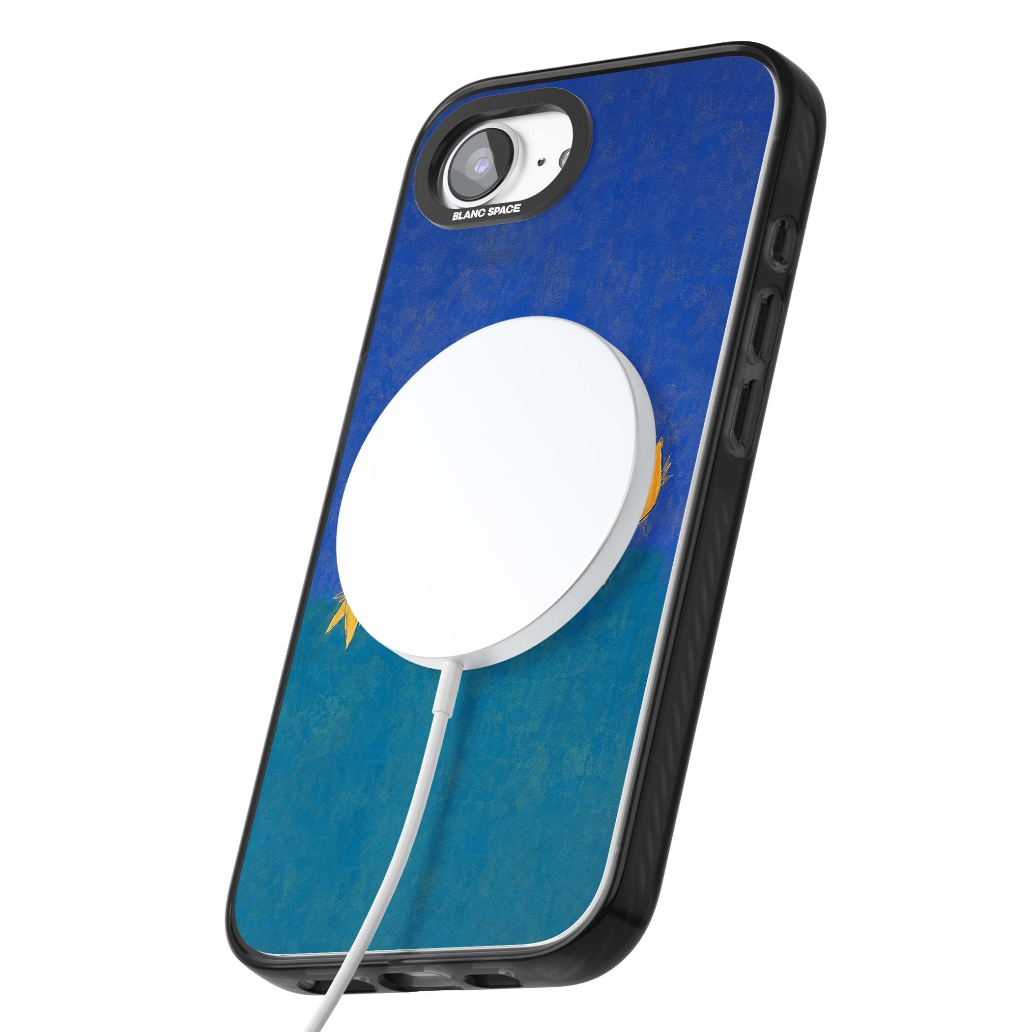 Star Boogie stars aesthetic iPhone case featuring five yellow hand-painted stars on cobalt blue and teal | Black Impact Magsafe case for iPhone 16e, iPhone 17e
