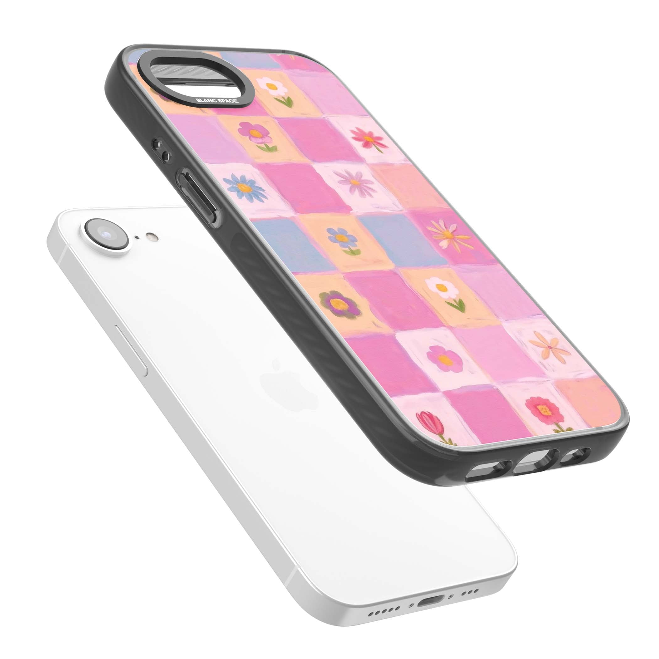 Pastel Flower Patchwork cottagecore iPhone case featuring painted pink and lilac squares with daisies and wildflowers | Black Impact Magsafe case for iPhone 16e, iPhone 17e