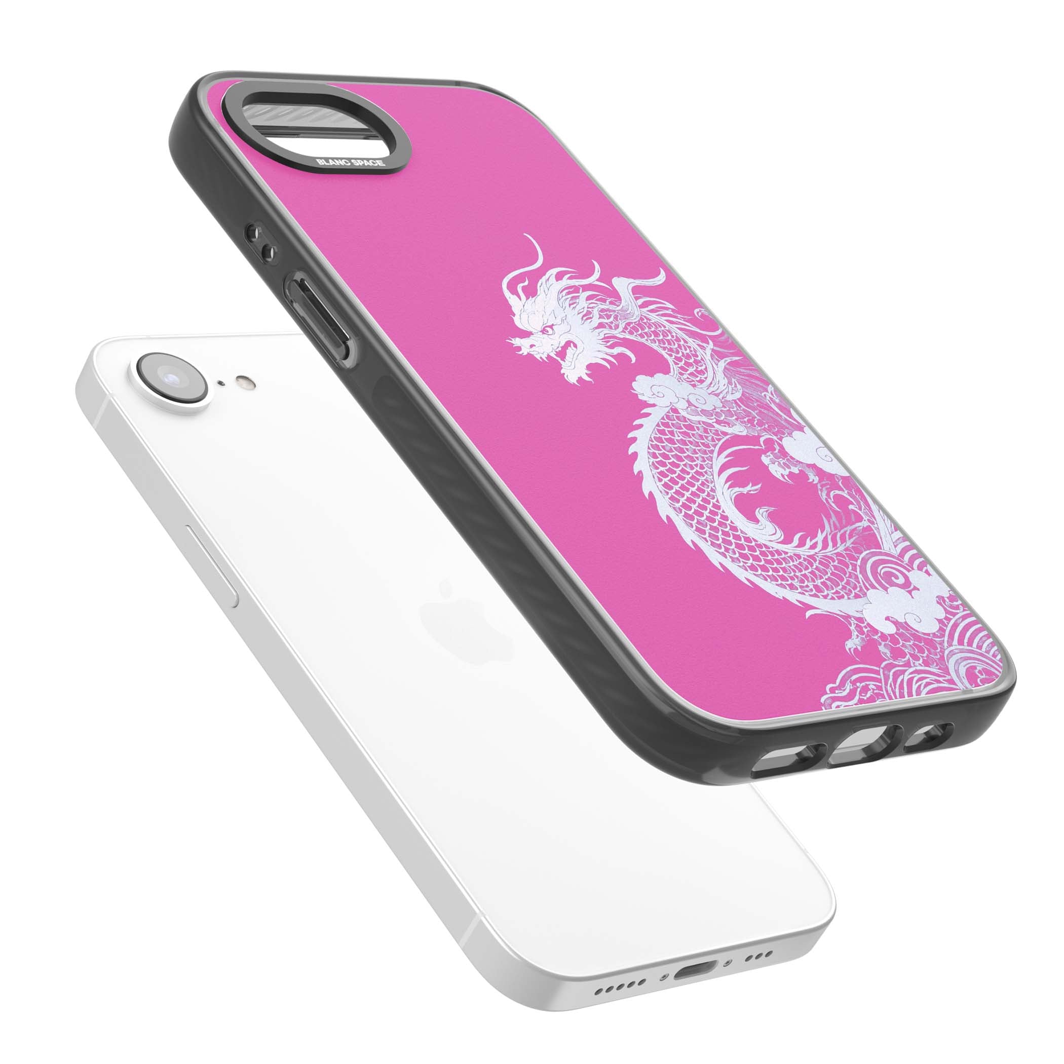 Pink Empress chinese dragon iPhone case featuring a white dragon, swirling clouds and pink dragon wallpaper backdrop | Black Impact Magsafe case for iPhone 16e, iPhone 17e