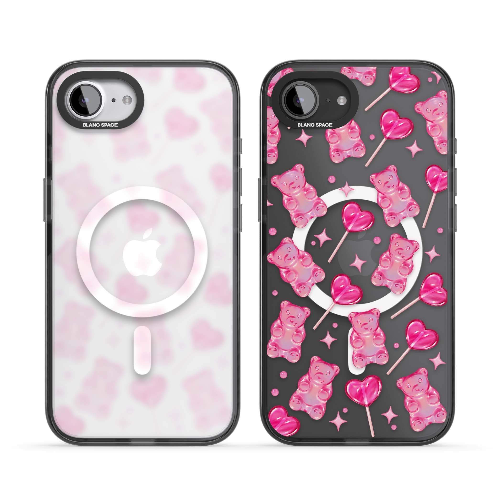 Pink Sugar pinkcore iPhone case featuring pink gummy bears, heart-shaped lollipops and sparkle stars | Black Impact Magsafe case for iPhone 16e, iPhone 17e