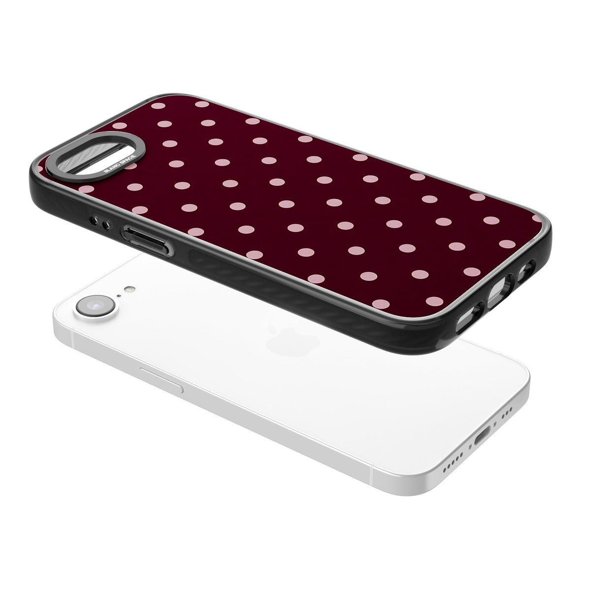 Merlot Dots polka dot iPhone case featuring dusty pink spots on a deep burgundy background in a retro grid iPhone 16e / iPhone 16E / iPhone 17e Impact Pro Black Phone Case angled