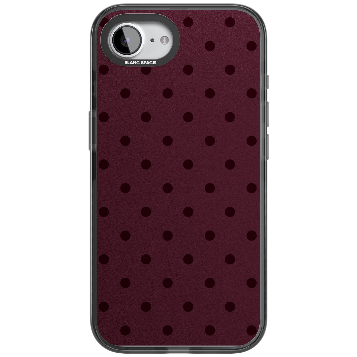 Burgundy Polka Dot minimalist iPhone case featuring black polka dots on a deep burgundy wine red background iPhone 16e / iPhone 16E / iPhone 17e Impact Pro Black Phone Case front