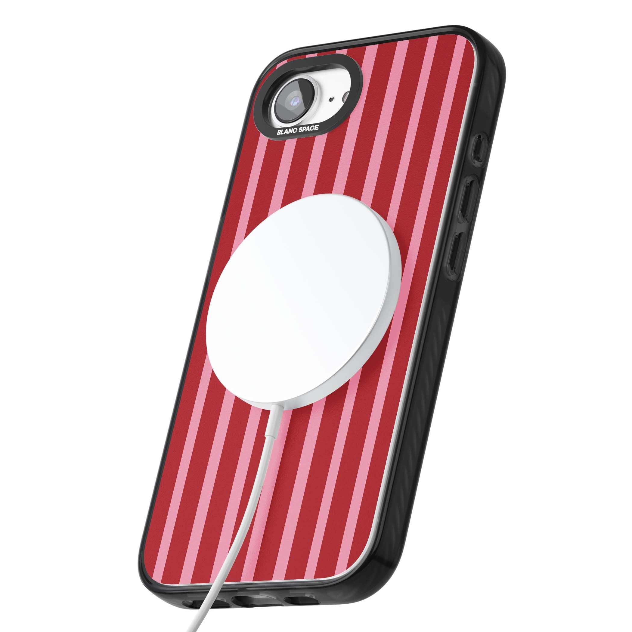 Raspberry Stripe coquette iPhone case featuring red and pink vertical stripes in a candy-inspired pattern | Black Impact Magsafe case for iPhone 16e, iPhone 17e