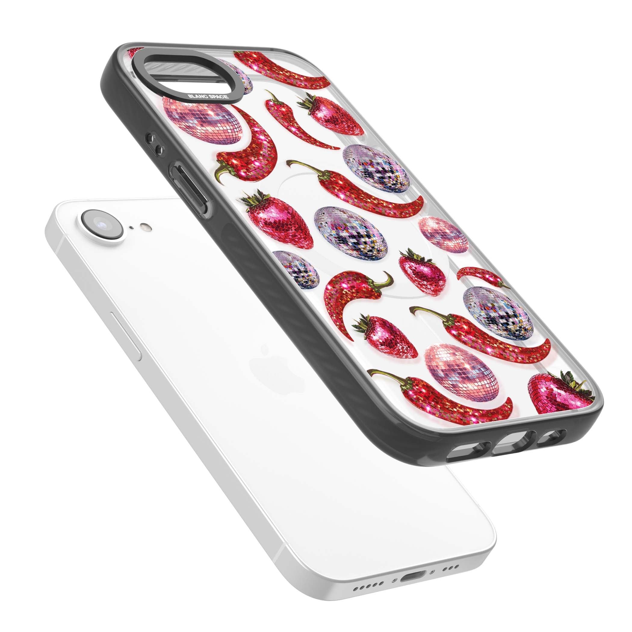 Spicy Disco Y2K iPhone case featuring glitter disco balls, sparkly strawberries and red chilli peppers | Black Impact Magsafe case for iPhone 16e, iPhone 17e