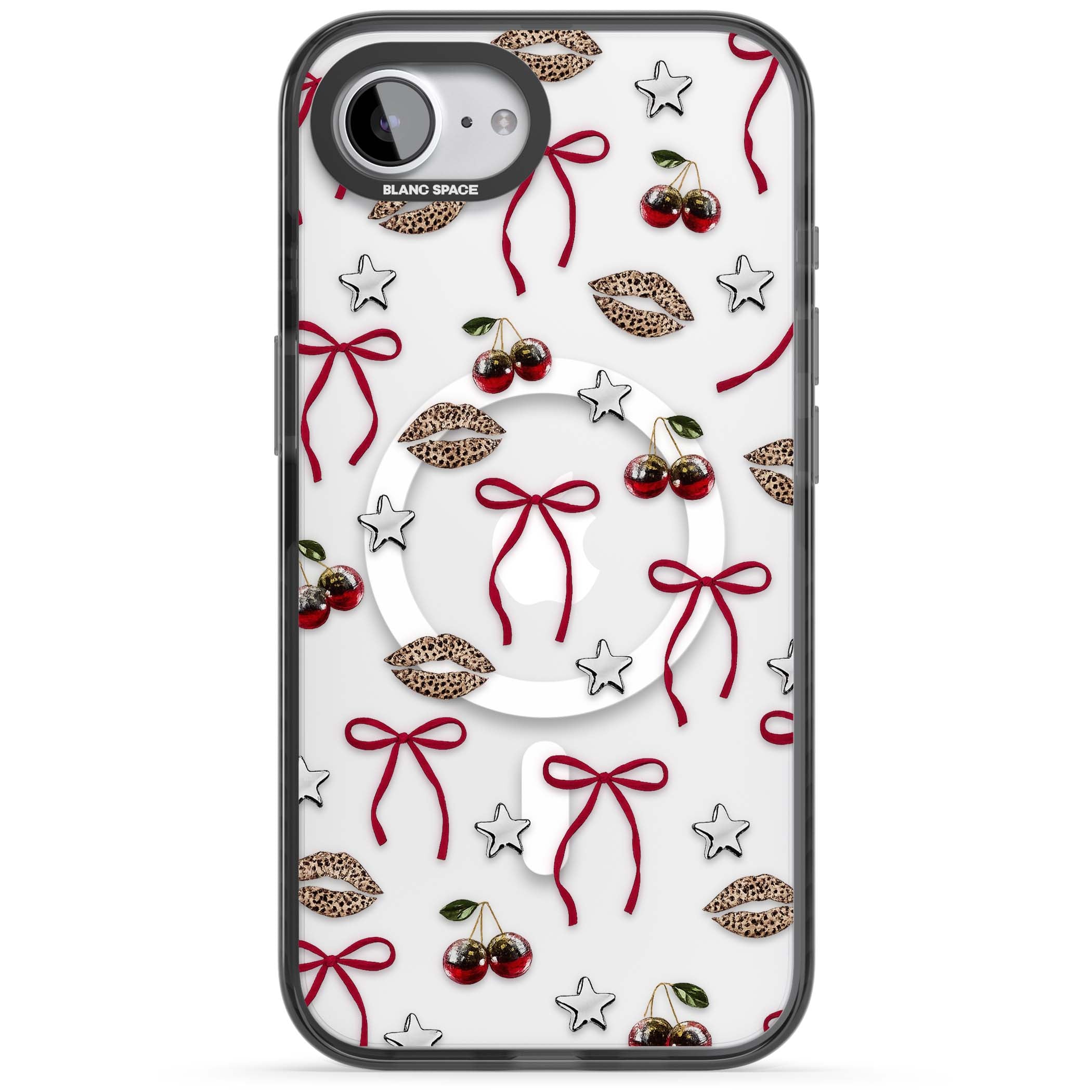 Starlet coquette iPhone case featuring red ribbon bows, disco cherries and leopard-print lips | Black Impact Magsafe case for iPhone 16e, iPhone 17e