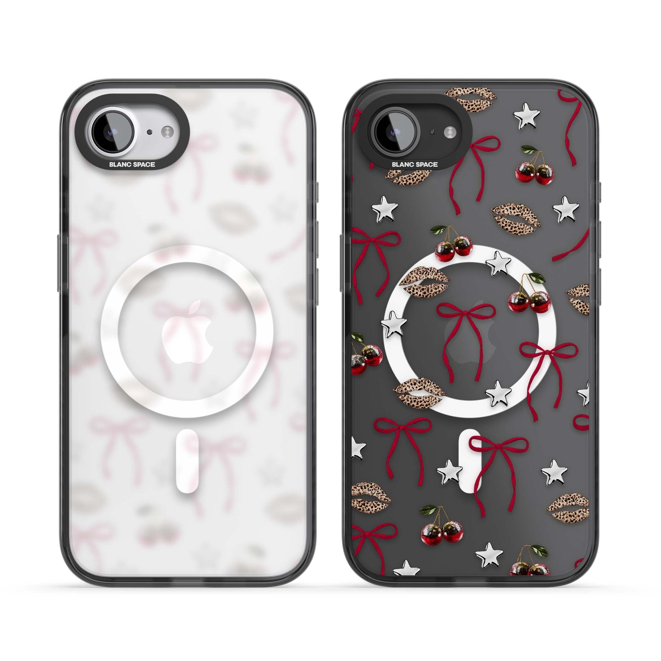 Starlet coquette iPhone case featuring red ribbon bows, disco cherries and leopard-print lips | Black Impact Magsafe case for iPhone 16e, iPhone 17e