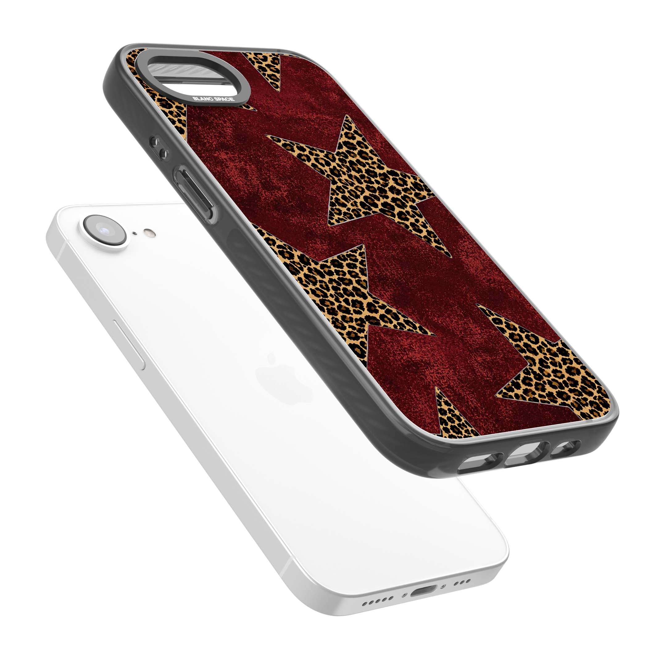 Showgirl leopard print iPhone case featuring cheetah print stars on distressed red grunge background | Black Impact Magsafe case for iPhone 16e, iPhone 17e