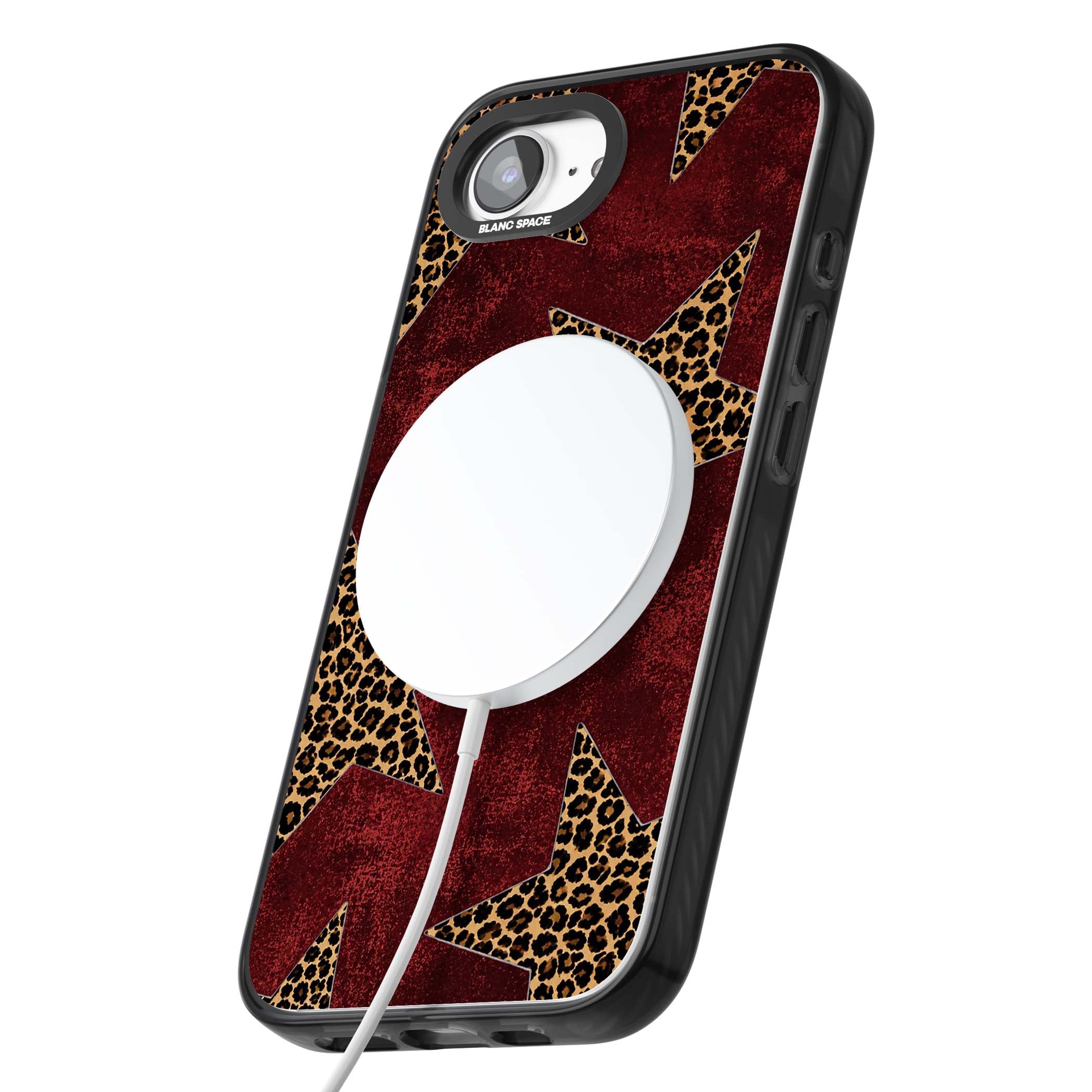 Showgirl leopard print iPhone case featuring cheetah print stars on distressed red grunge background | Black Impact Magsafe case for iPhone 16e, iPhone 17e