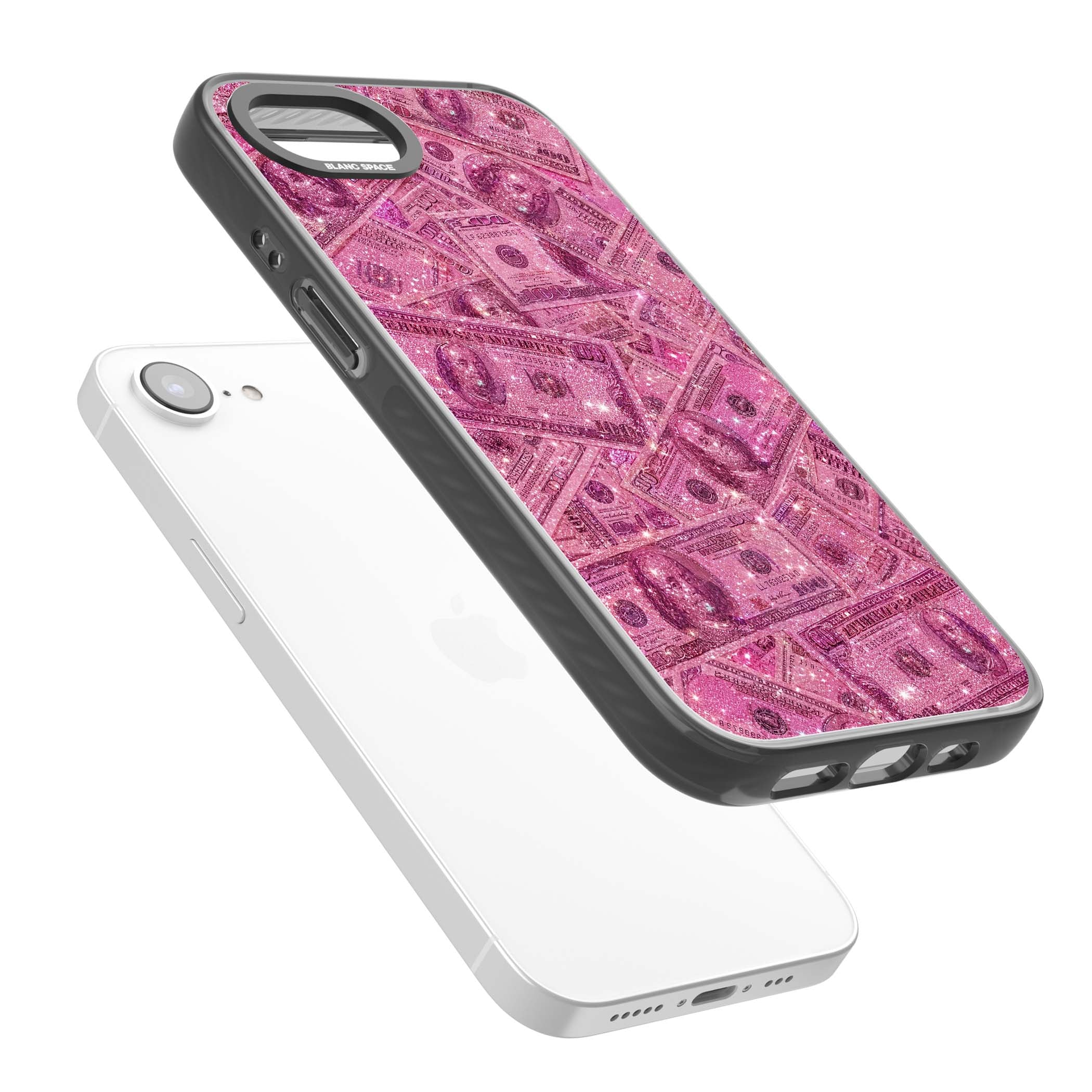 Glamorous baddie iPhone case featuring pink glitter hundred dollar bills and sparkling money wallpaper design | Black Impact Magsafe case for iPhone 16e, iPhone 17e