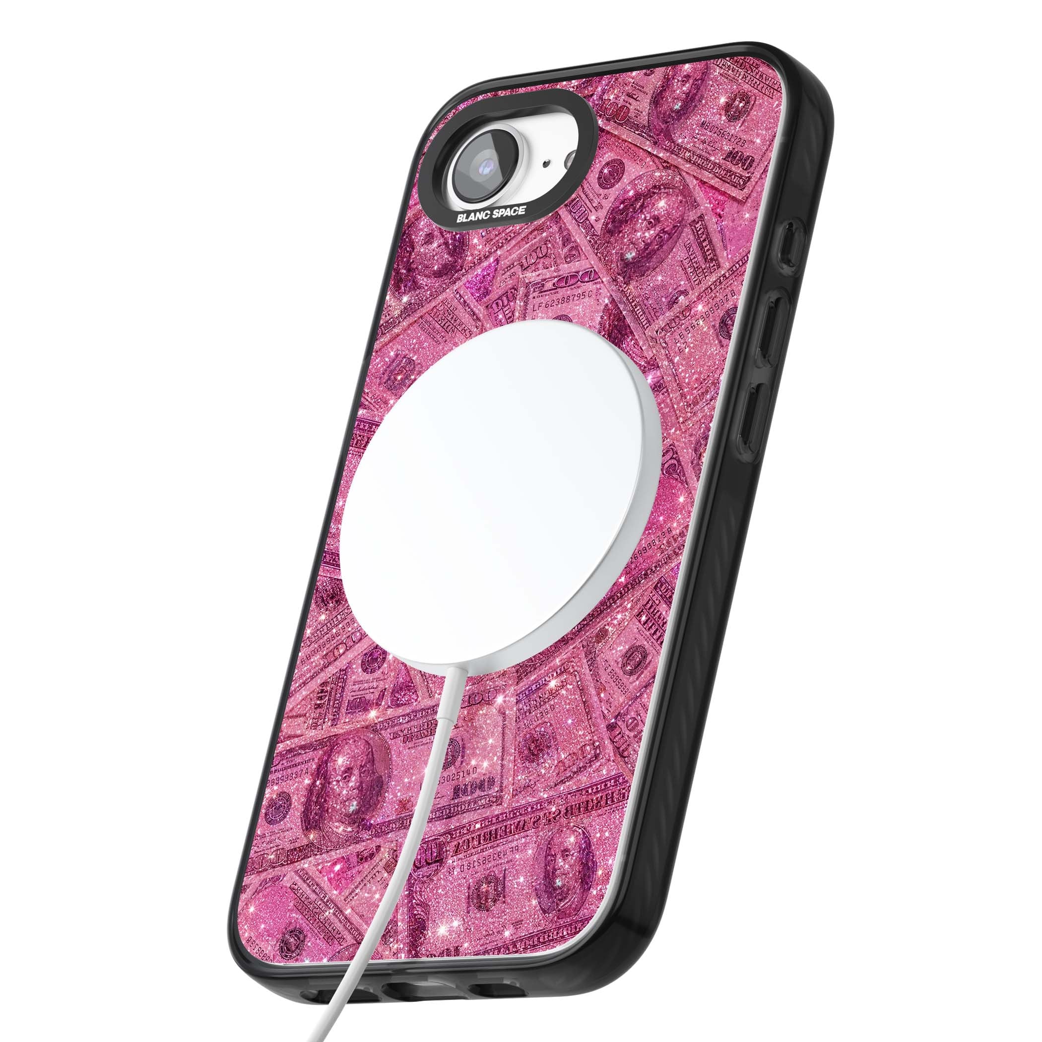 Glamorous baddie iPhone case featuring pink glitter hundred dollar bills and sparkling money wallpaper design | Black Impact Magsafe case for iPhone 16e, iPhone 17e