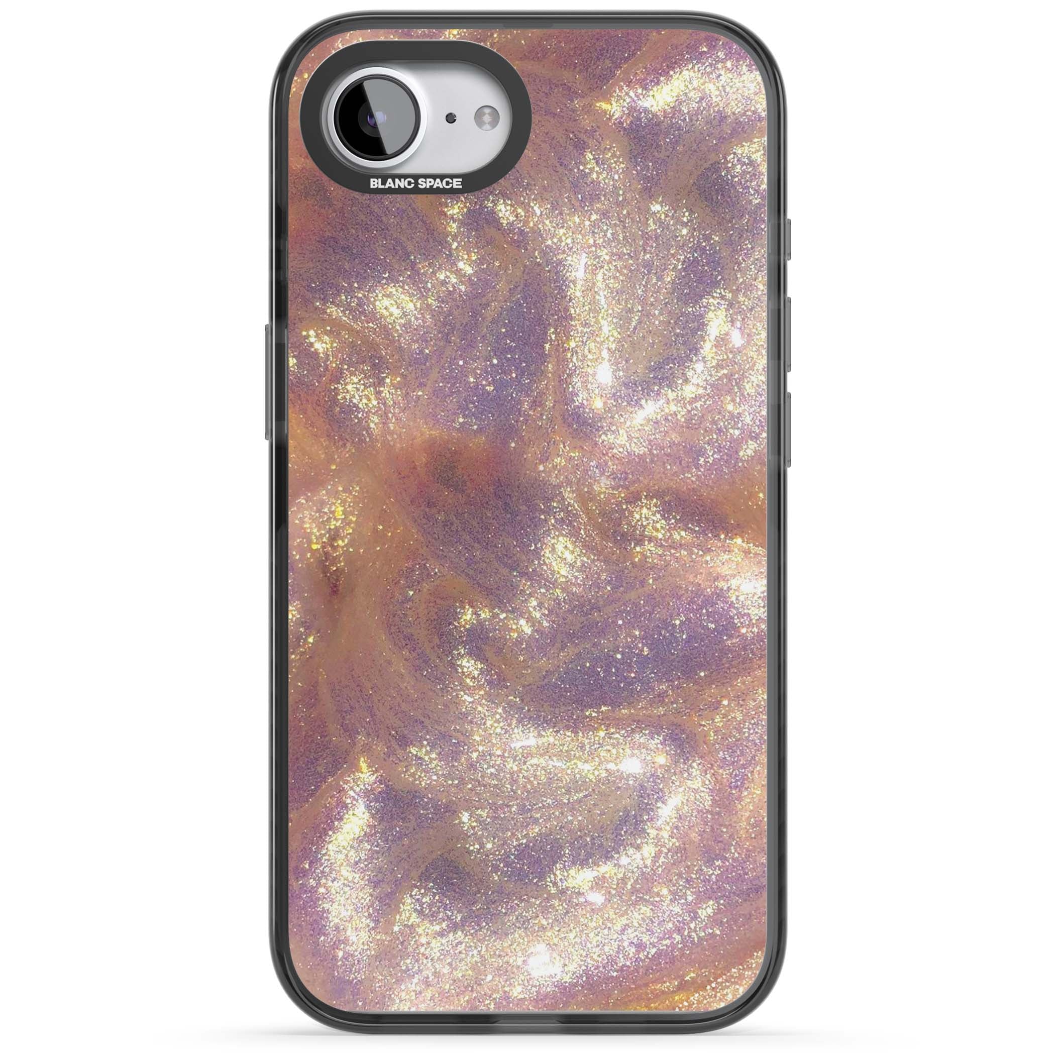 Shimmer marble iPhone case featuring rose gold glitter swirls, lilac shimmer and iridescent pearl finish | Black Impact Magsafe case for iPhone 16e, iPhone 17e