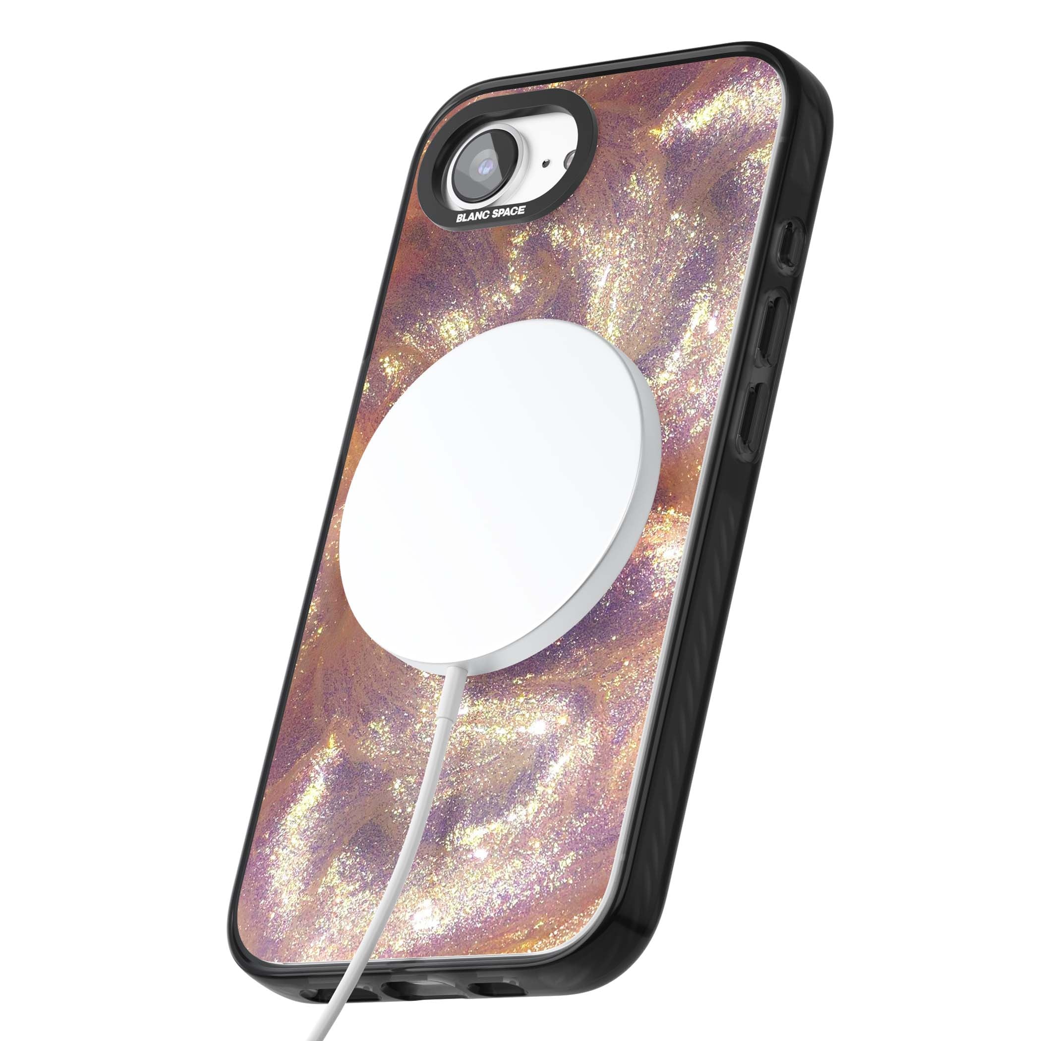 Shimmer marble iPhone case featuring rose gold glitter swirls, lilac shimmer and iridescent pearl finish | Black Impact Magsafe case for iPhone 16e, iPhone 17e