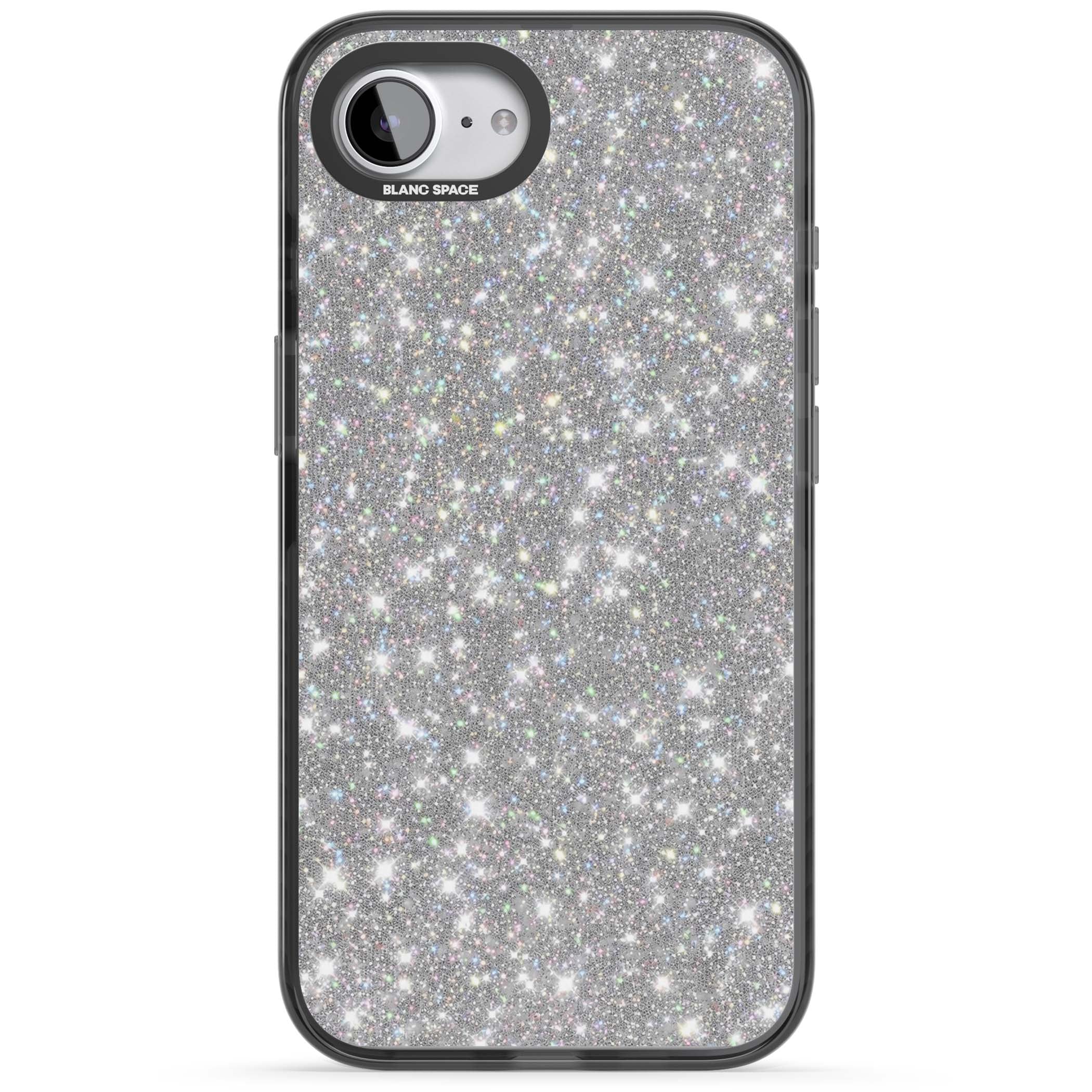 Diamond glam iPhone case featuring silver glitter sparkle and shimmering diamond dust effect | Black Impact Magsafe case for iPhone 16e, iPhone 17e